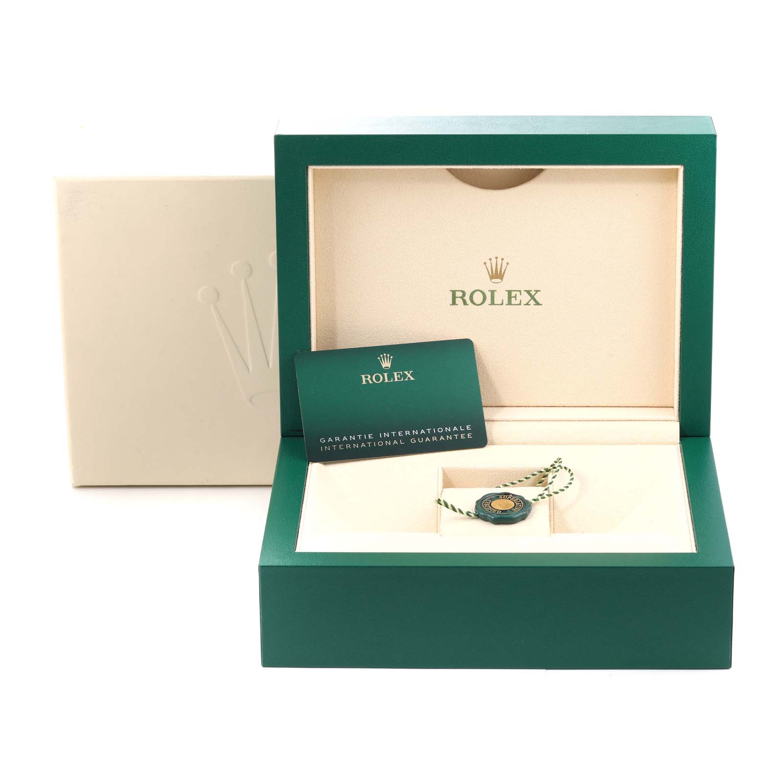 The image shows an open Rolex GMT-Master 126710 Men's Stainless Steel Black Dial 126710 Men's Stainless Steel Black Dial watch box with a guarantee card and a green tag inside.