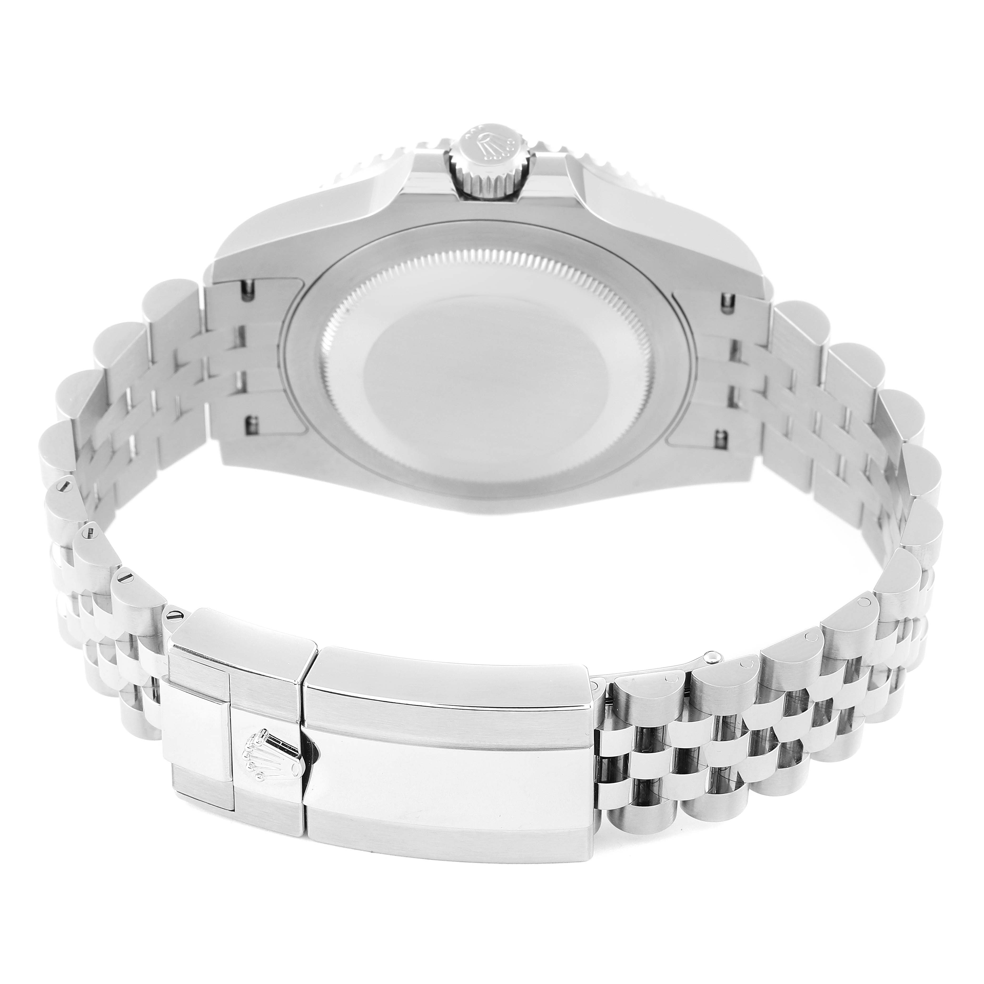 This image shows the back case and bracelet of a Rolex GMT-Master 126710 Men's Stainless Steel Black Dial 126710 Men's Stainless Steel Black Dial watch from a rear angle.