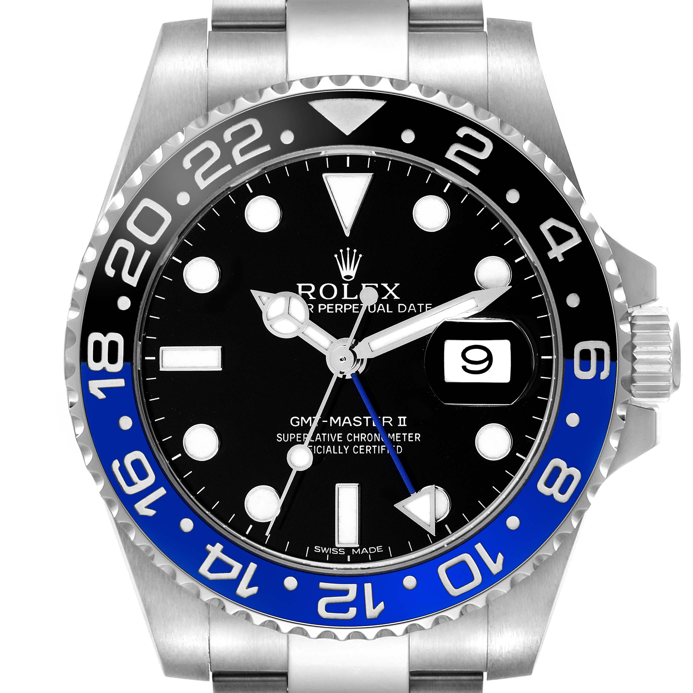 This image shows a frontal view of the Rolex GMT-Master 116710BLNR Men's Stainless Steel Black Dial 116710BLNR Men's Stainless Steel Black Dial II watch, highlighting the bezel, dial, hands, and date window.