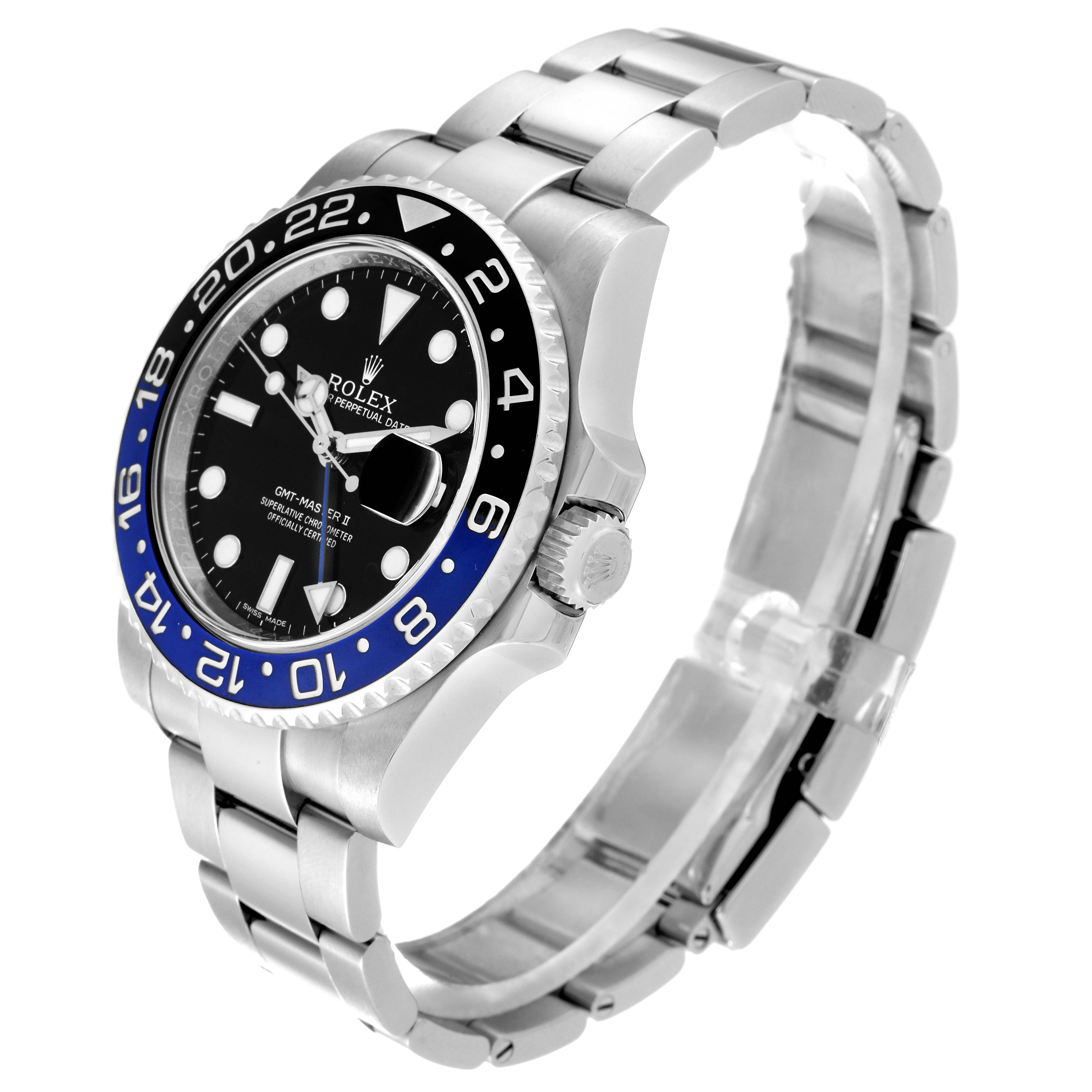 The image shows a side-angle view of the Rolex GMT-Master 116710BLNR Men's Stainless Steel Black Dial 116710BLNR Men's Stainless Steel Black Dial II, showcasing the bezel, dial, crown, and bracelet.