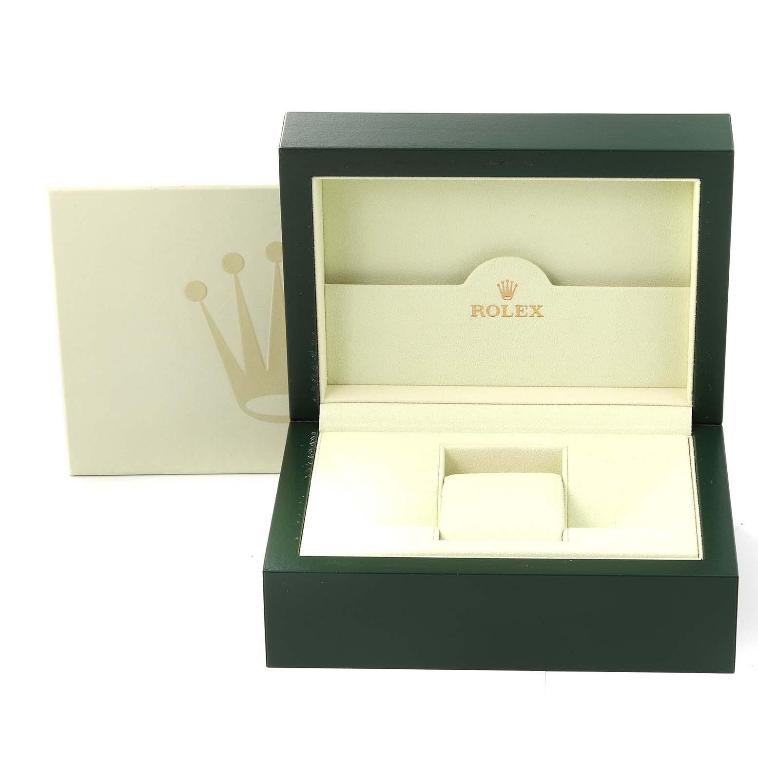 The image shows an empty Rolex GMT-Master 116710BLNR Men's Stainless Steel Black Dial 116710BLNR Men's Stainless Steel Black Dial watch box with a green exterior and a beige interior.