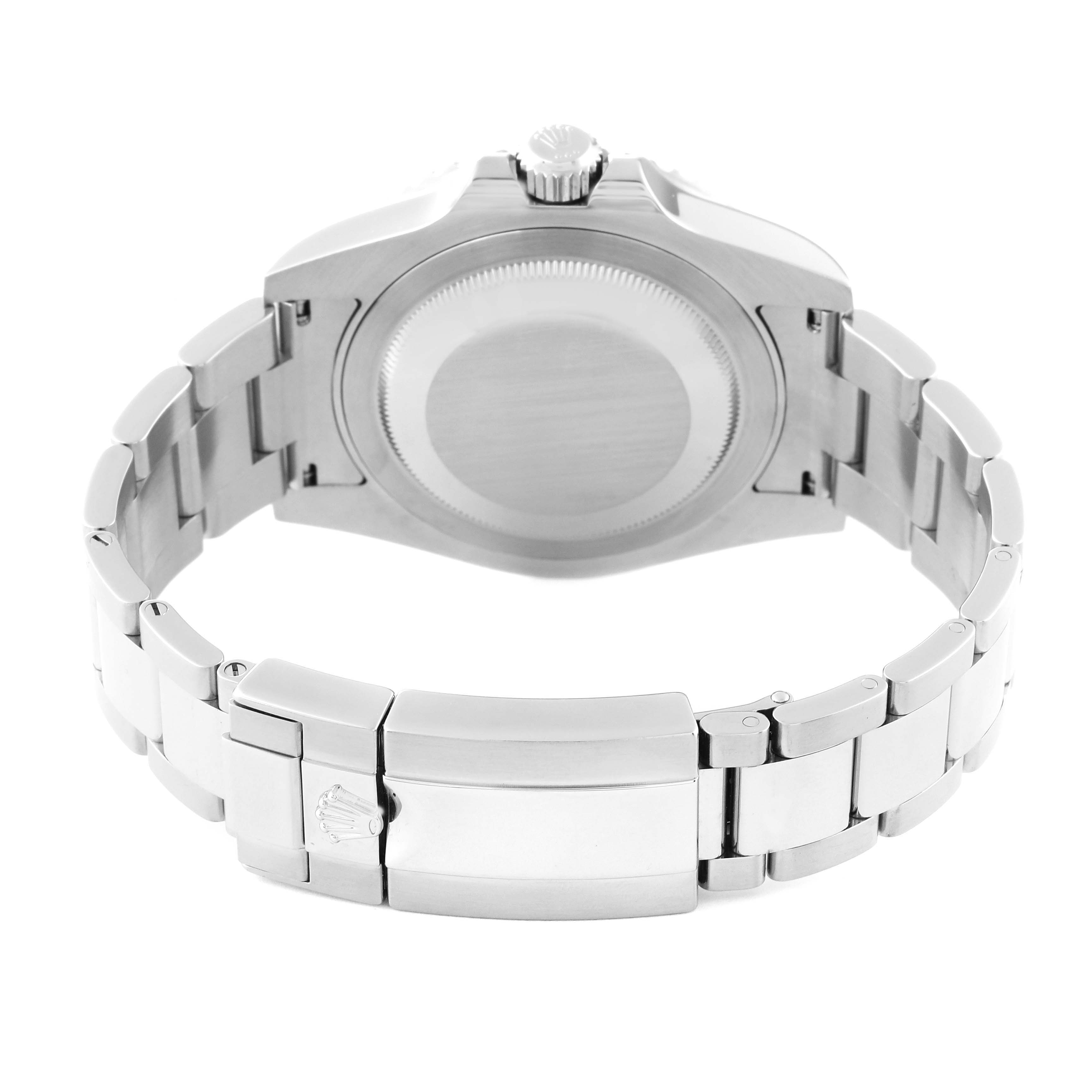 The image shows the back view of a Rolex GMT-Master 116710BLNR Men's Stainless Steel Black Dial 116710BLNR Men's Stainless Steel Black Dial watch, highlighting the case back, bracelet, and clasp.