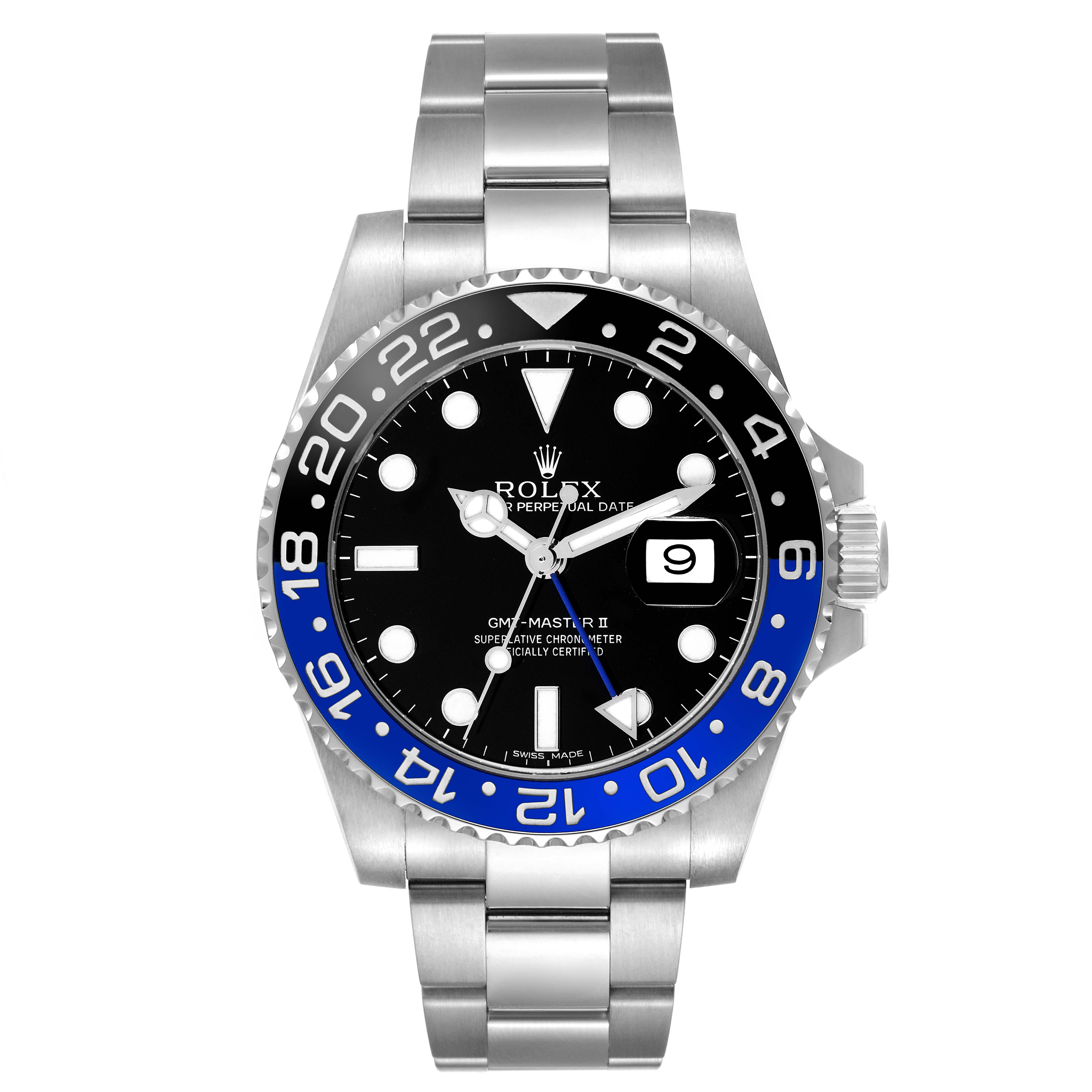 The image shows a front view of a Rolex GMT-Master 116710BLNR Men's Stainless Steel Black Dial 116710BLNR Men's Stainless Steel Black Dial II watch, highlighting the face, bezel, and bracelet.