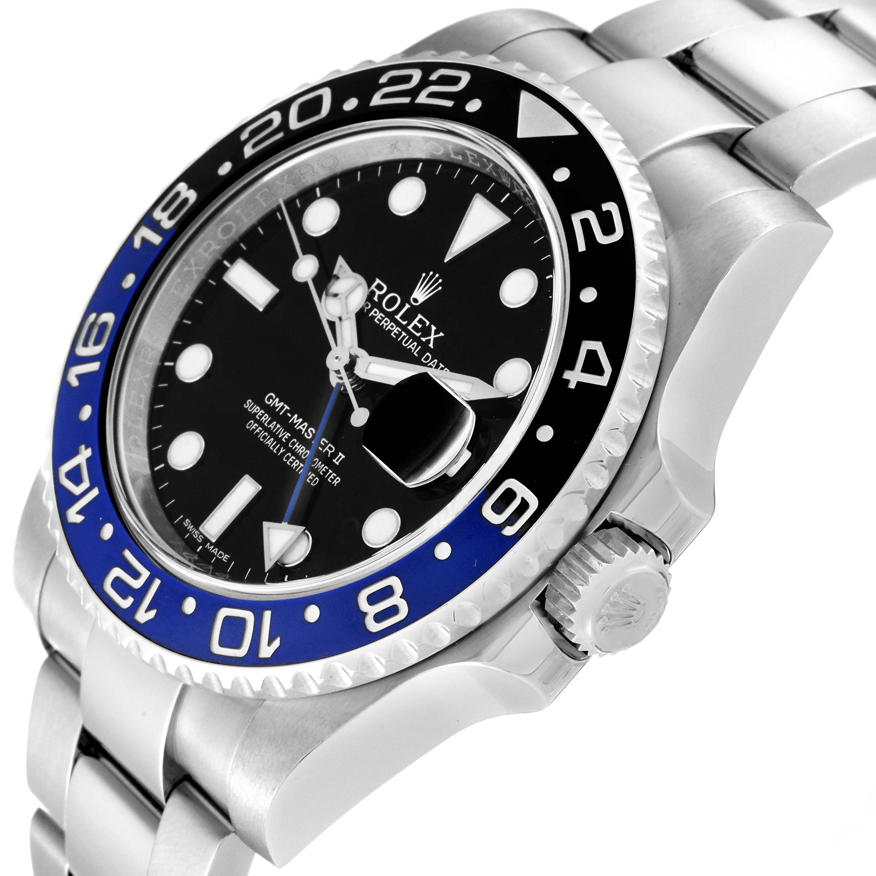 The image shows a side view angle of the Rolex GMT-Master 116710BLNR Men's Stainless Steel Black Dial 116710BLNR Men's Stainless Steel Black Dial watch, highlighting the bezel, dial, crown, and part of the bracelet.