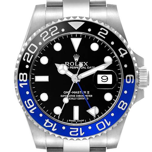 The image shows a front view of the Rolex GMT-Master II watch, highlighting the bezel, dial, hands, and date window.