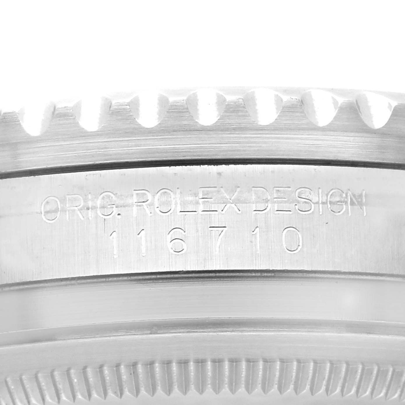 This close-up image shows the engraved side of the case of a Rolex GMT-Master 116710BLNR Men's Stainless Steel Black Dial 116710BLNR Men's Stainless Steel Black Dial watch, specifically model number 116710.