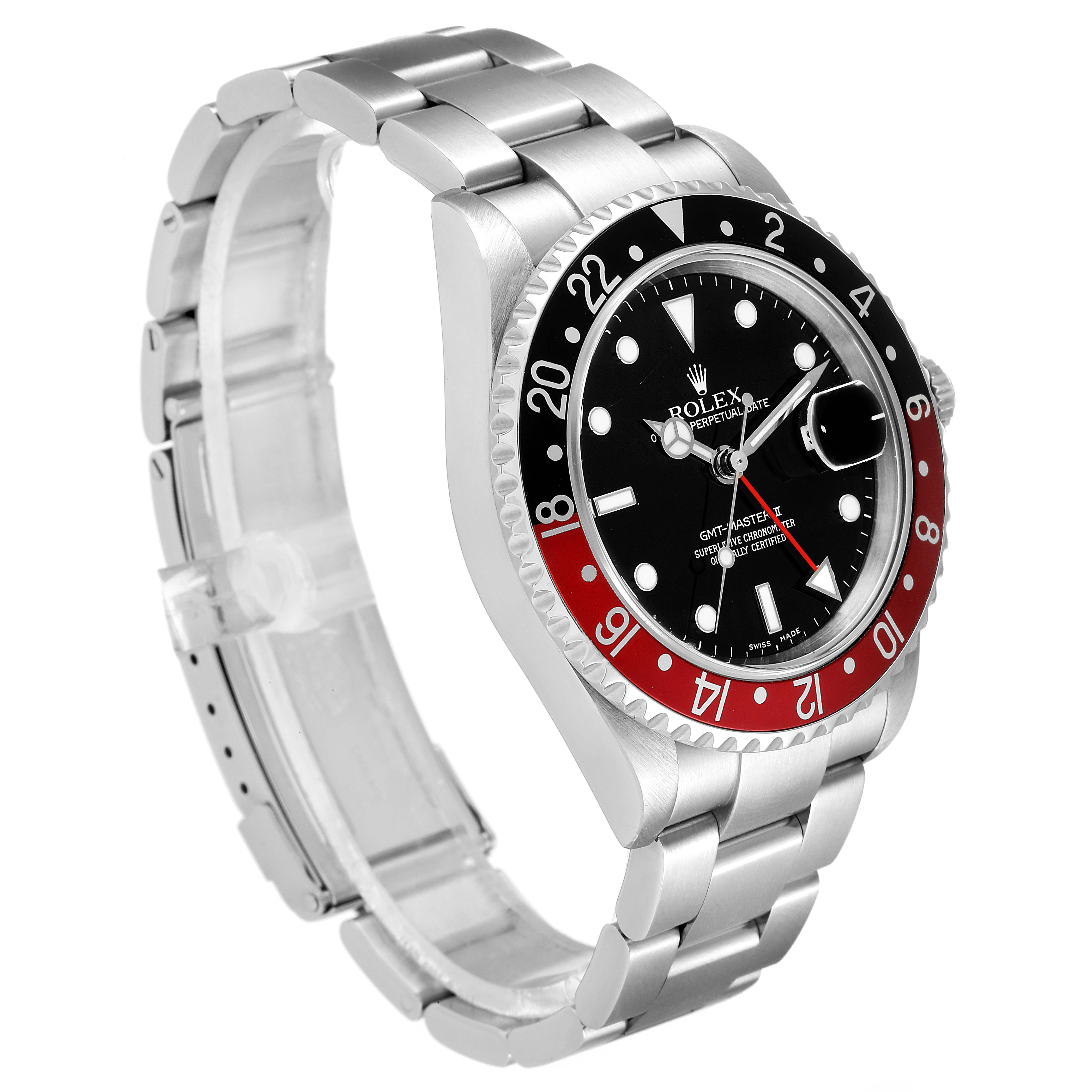 The image shows a Rolex GMT-Master 16710 Men
s Stainless Steel Black Dial 16710 Men
s Stainless Steel Black Dial watch angled to display the stainless steel bracelet, bezel, and dial.