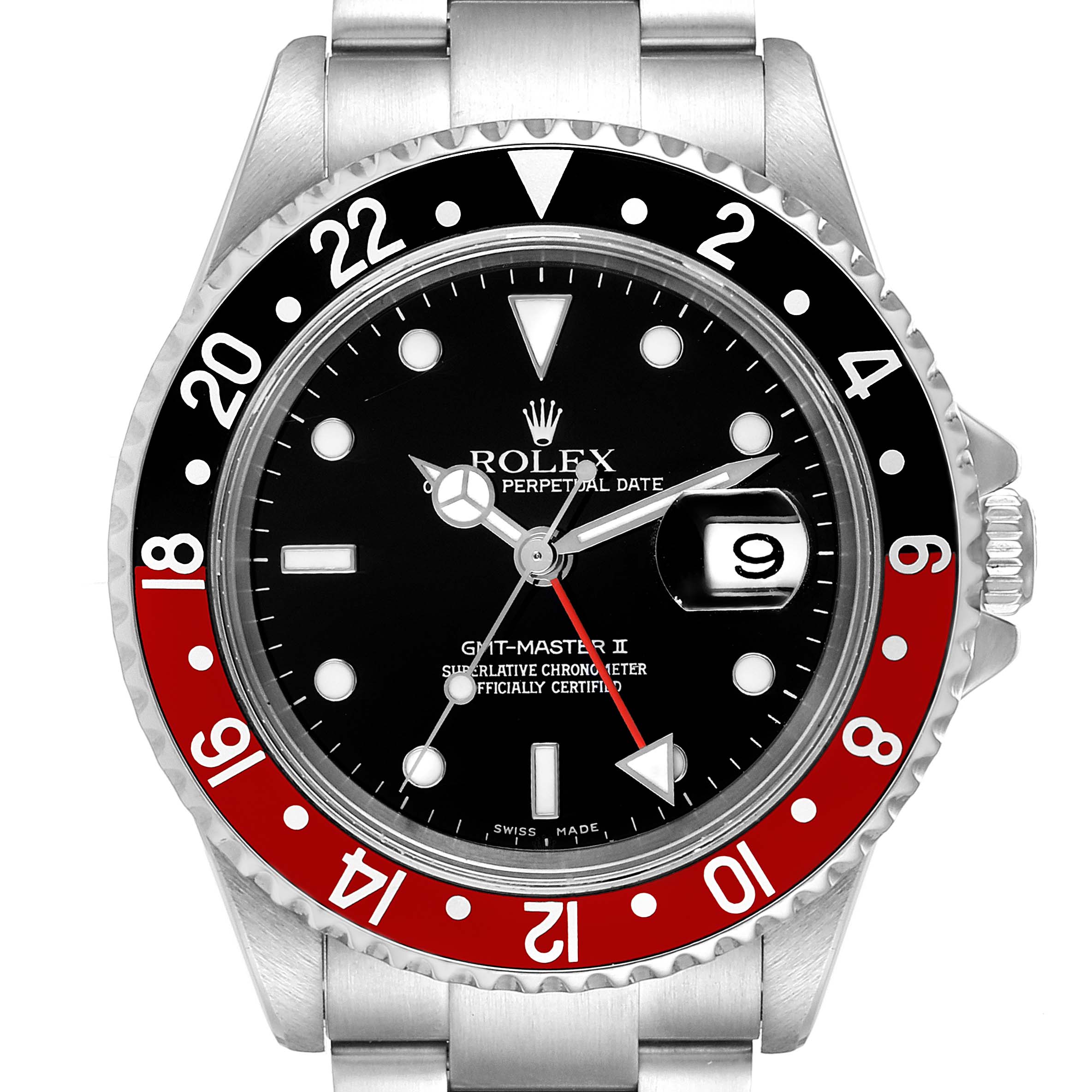 The image shows a front view of a Rolex GMT-Master 16710 Men
s Stainless Steel Black Dial 16710 Men
s Stainless Steel Black Dial II watch, highlighting the bezel, dial, and part of the bracelet.