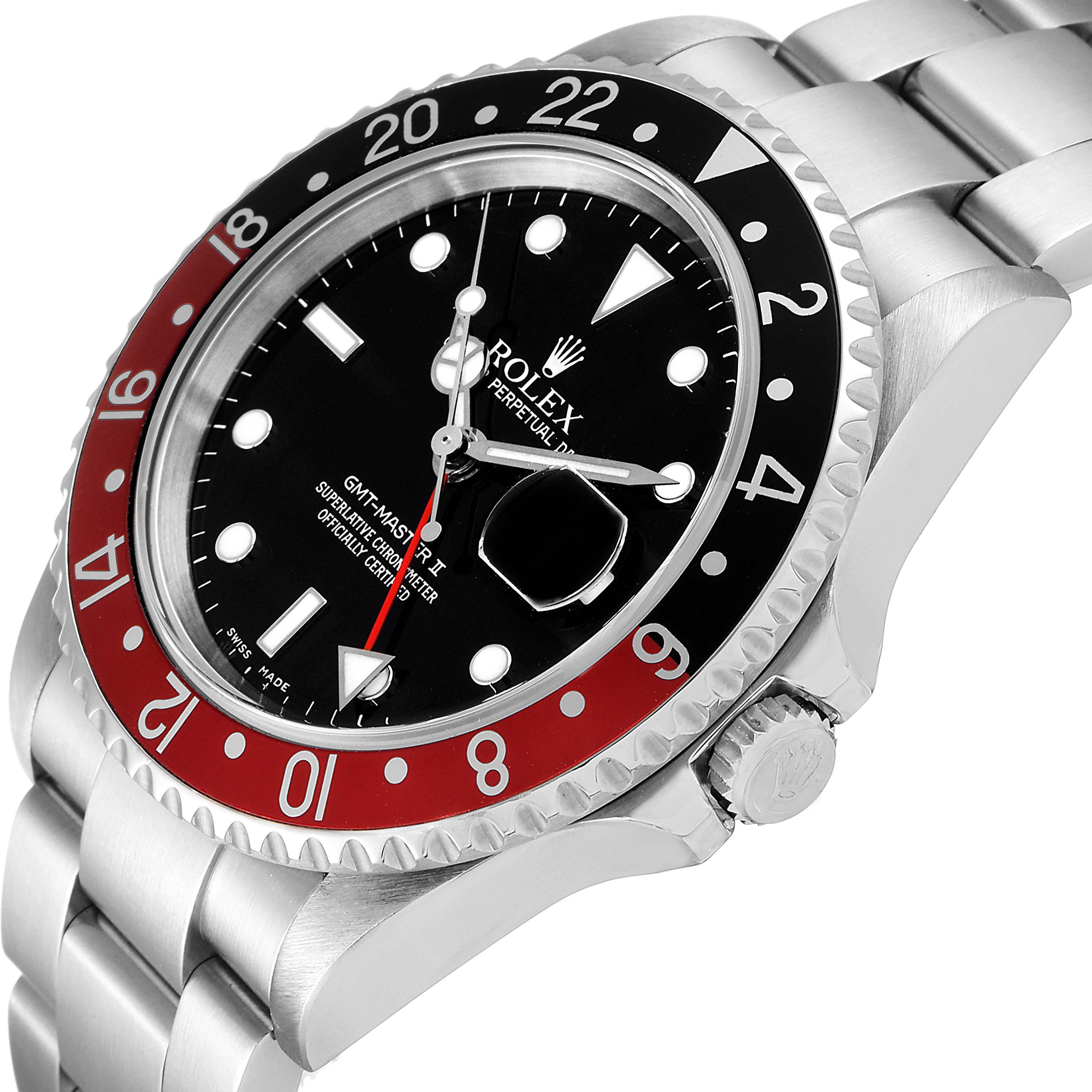 This image shows a Rolex GMT-Master 16710 Men
s Stainless Steel Black Dial 16710 Men
s Stainless Steel Black Dial watch at an angle highlighting the bezel, dial, crown, and bracelet.
