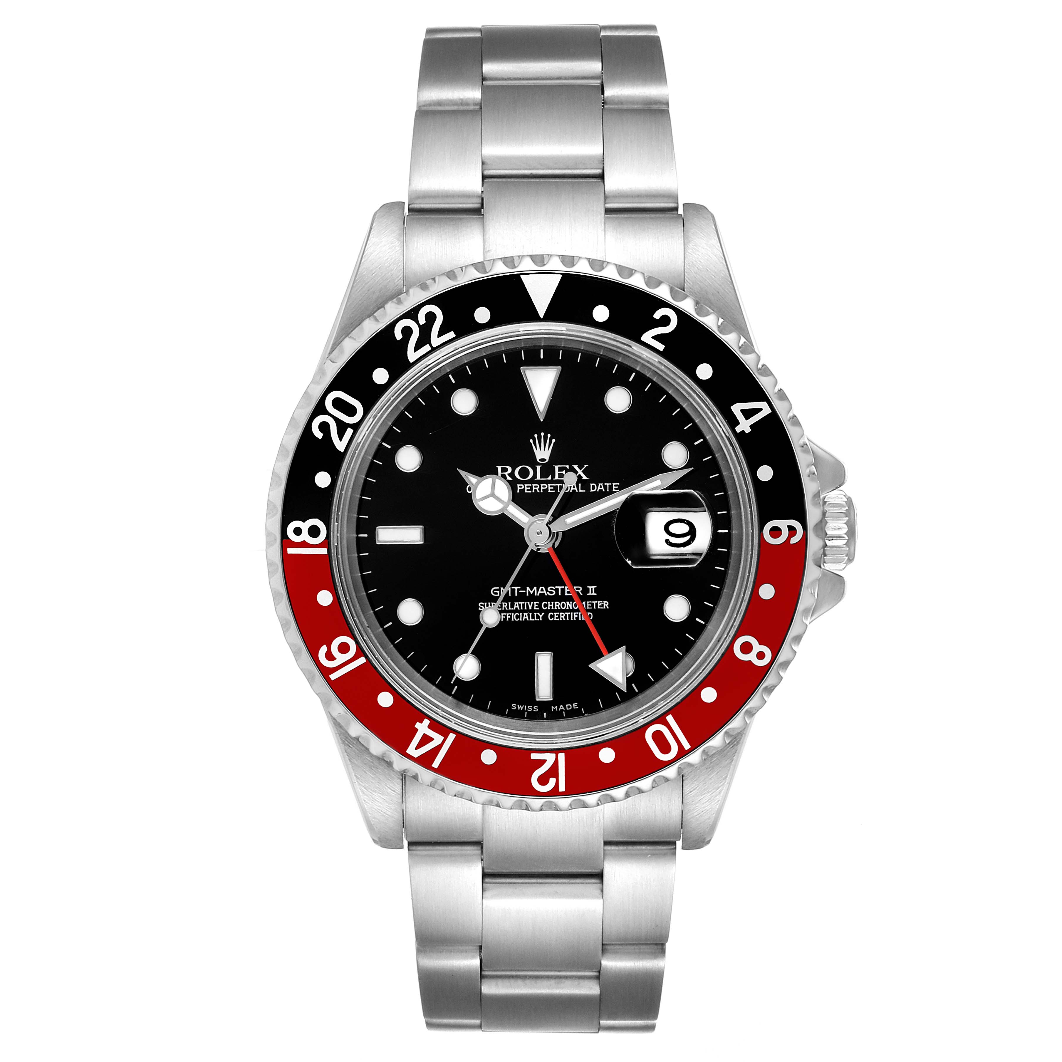 The image shows a Rolex GMT-Master 16710 Men
s Stainless Steel Black Dial 16710 Men
s Stainless Steel Black Dial II watch from the front, displaying the bezel, dial, hands, date window, and bracelet.