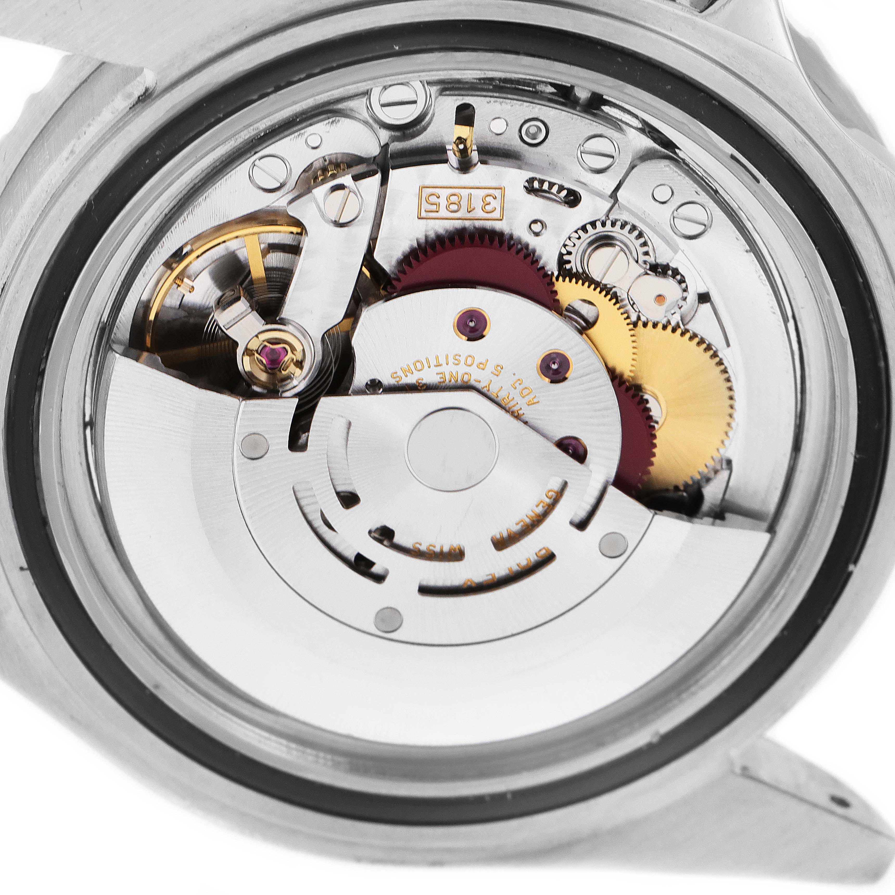 This image shows the movement mechanism of a Rolex GMT-Master 16710 Men
s Stainless Steel Black Dial 16710 Men
s Stainless Steel Black Dial watch from a direct backside angle.