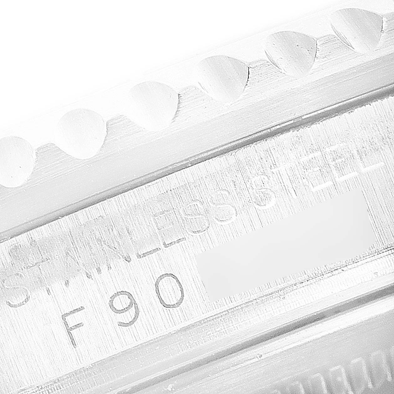 This is a close-up angle showing the case with the "STAINLESS STEEL" engraving on a Rolex GMT-Master 16710 Men
s Stainless Steel Black Dial 16710 Men
s Stainless Steel Black Dial watch.