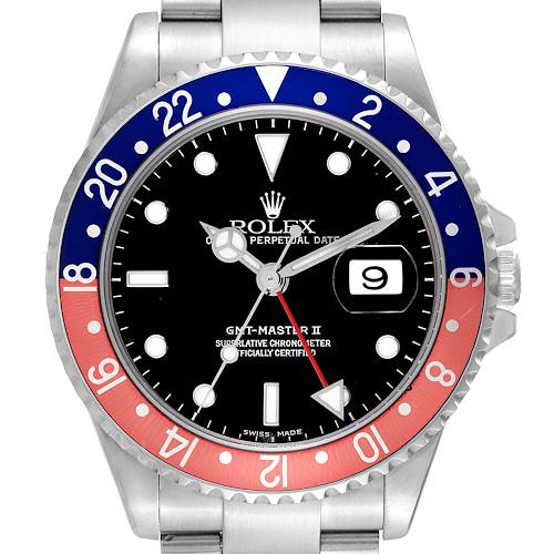 This Rolex GMT-Master II watch is shown from the front, highlighting its black dial, red and blue bezel, and date window.