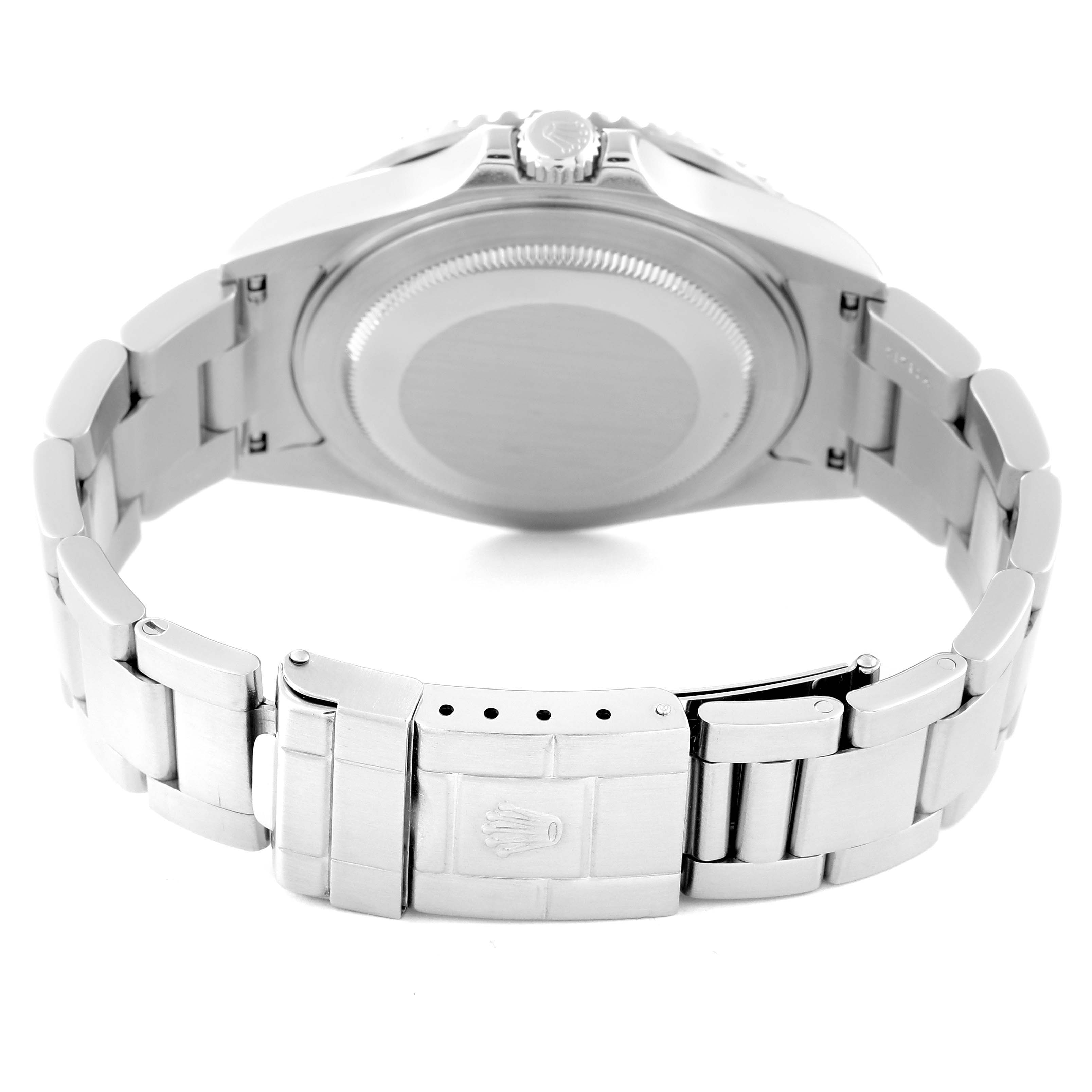 The image shows the back view of a Rolex GMT-Master 16710 Men
s Stainless Steel Black Dial 16710 Men
s Stainless Steel Black Dial watch, focusing on the case back, crown, and bracelet.