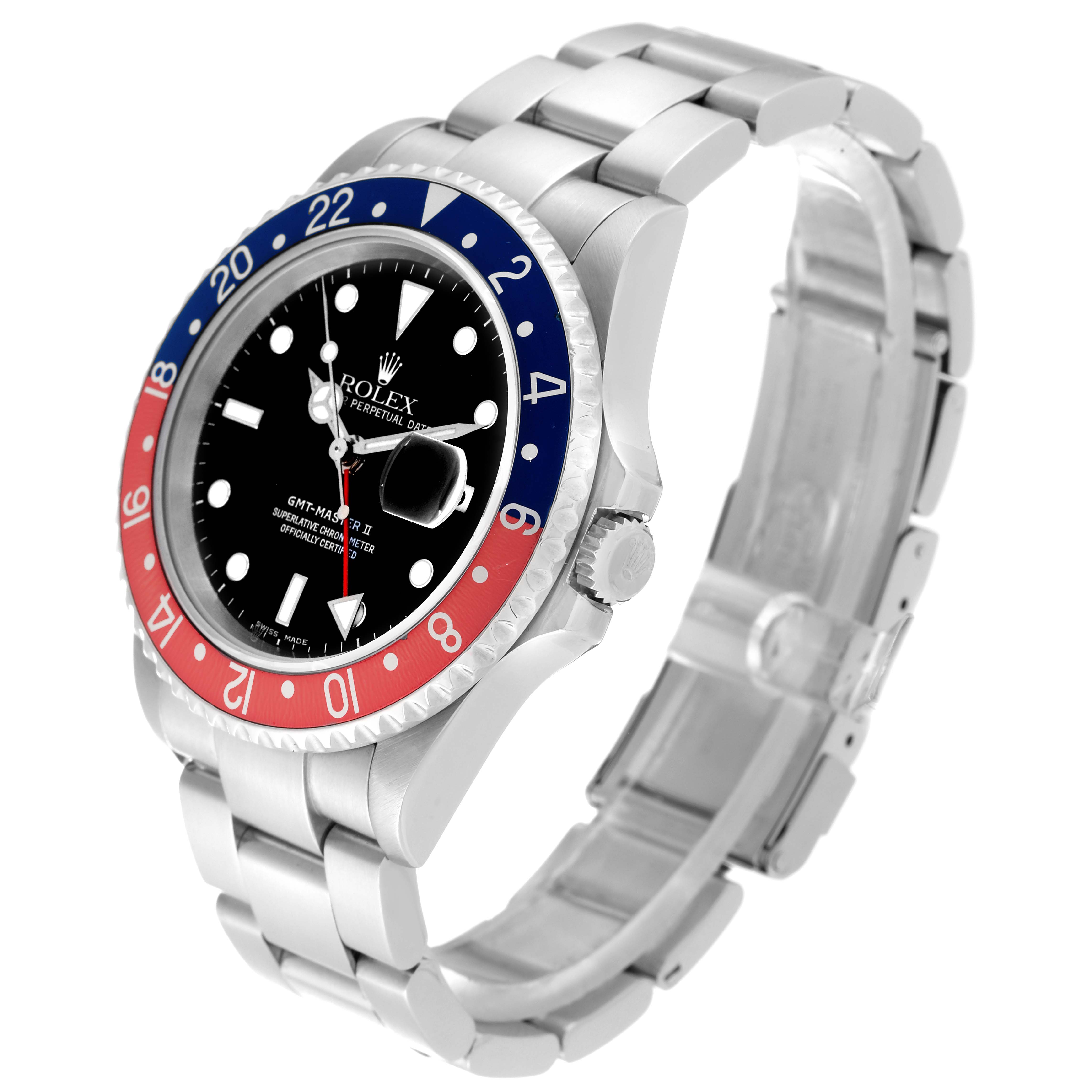 This image shows a Rolex GMT-Master 16710 Men
s Stainless Steel Black Dial 16710 Men
s Stainless Steel Black Dial II watch at a three-quarter angle, highlighting the bezel, dial, bracelet, and crown.