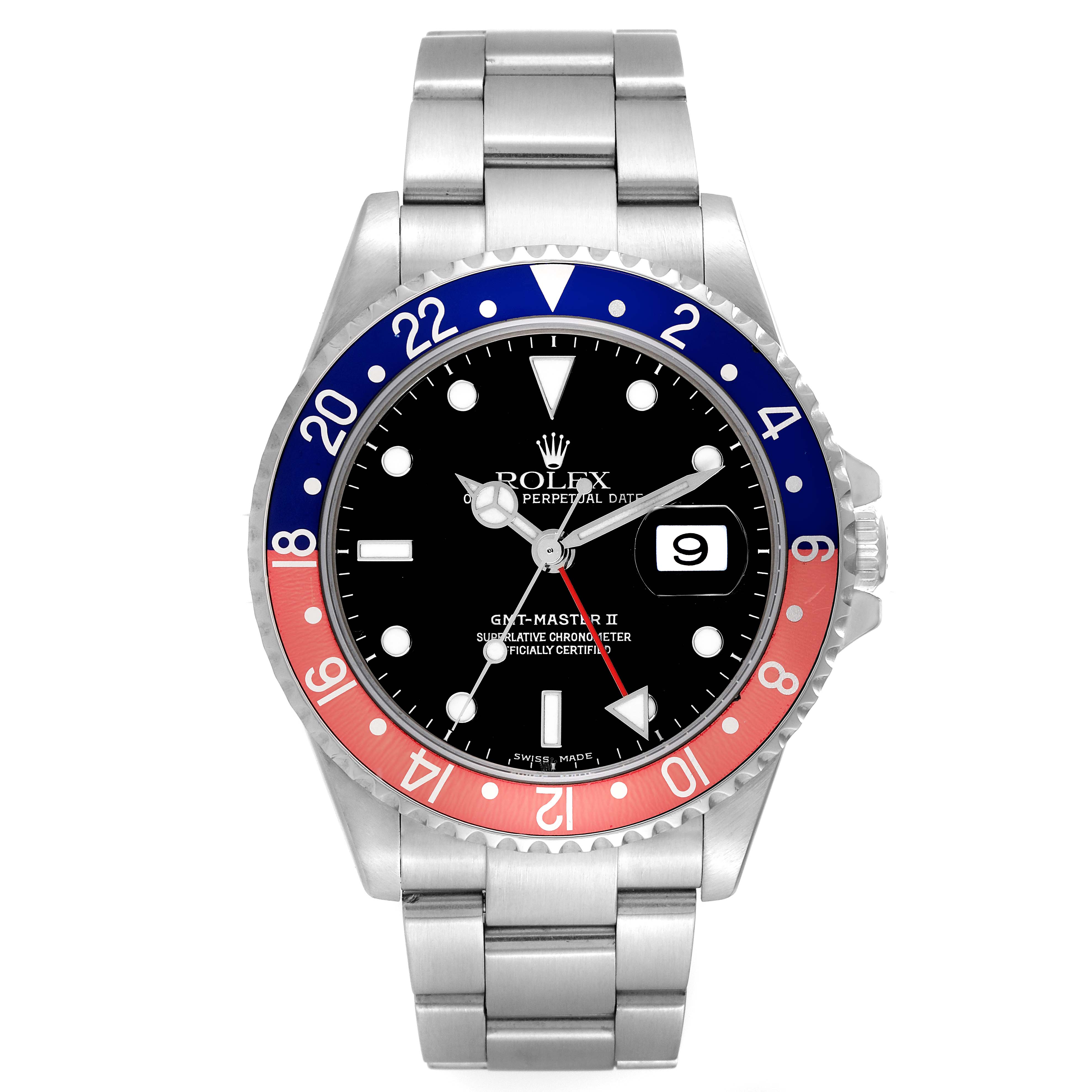 This is a front view of a Rolex GMT-Master 16710 Men
s Stainless Steel Black Dial 16710 Men
s Stainless Steel Black Dial II watch, displaying the face, bezel, and part of the metal bracelet.