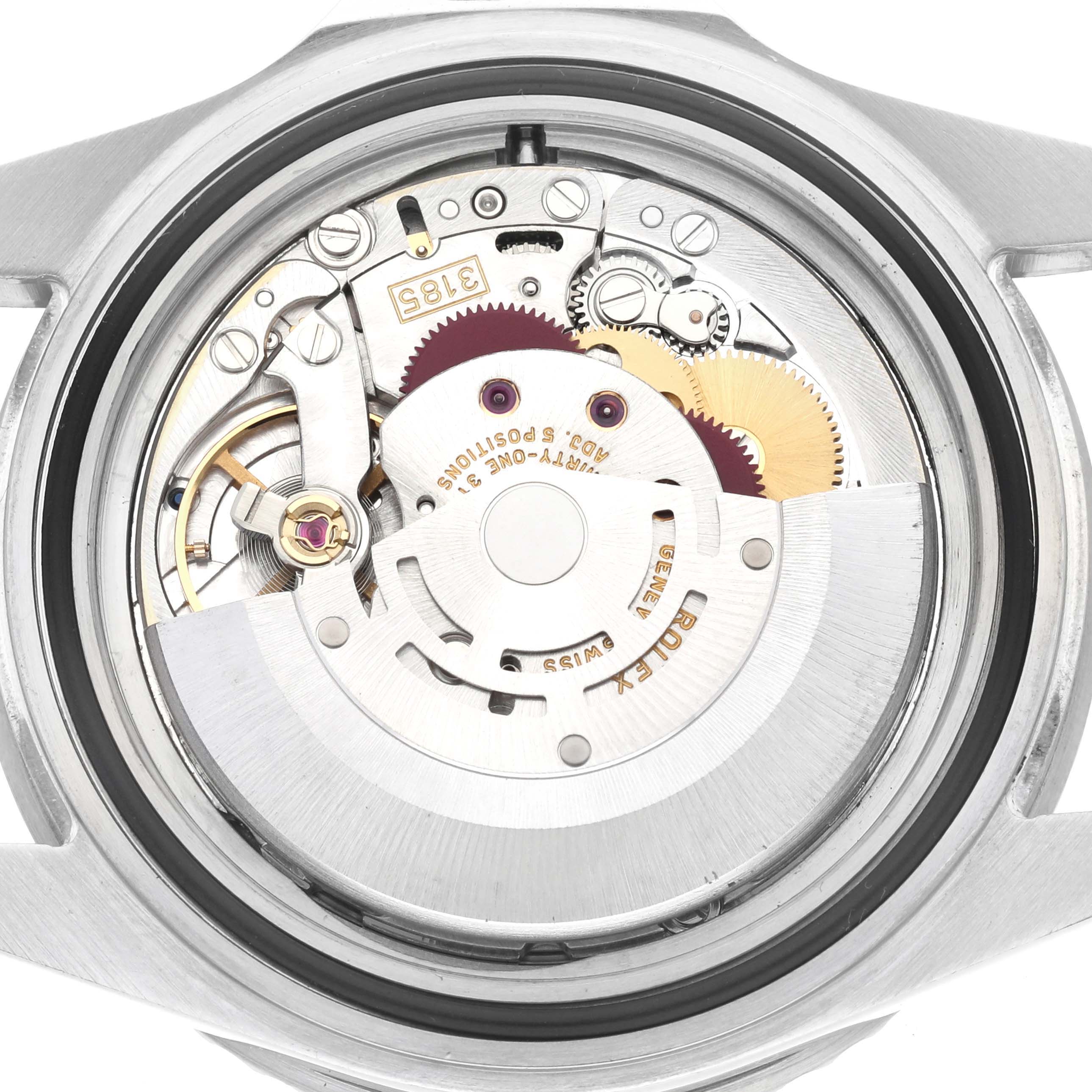 This image shows the open case-back of a Rolex GMT-Master 16710 Men
s Stainless Steel Black Dial 16710 Men
s Stainless Steel Black Dial, revealing its internal movement parts.