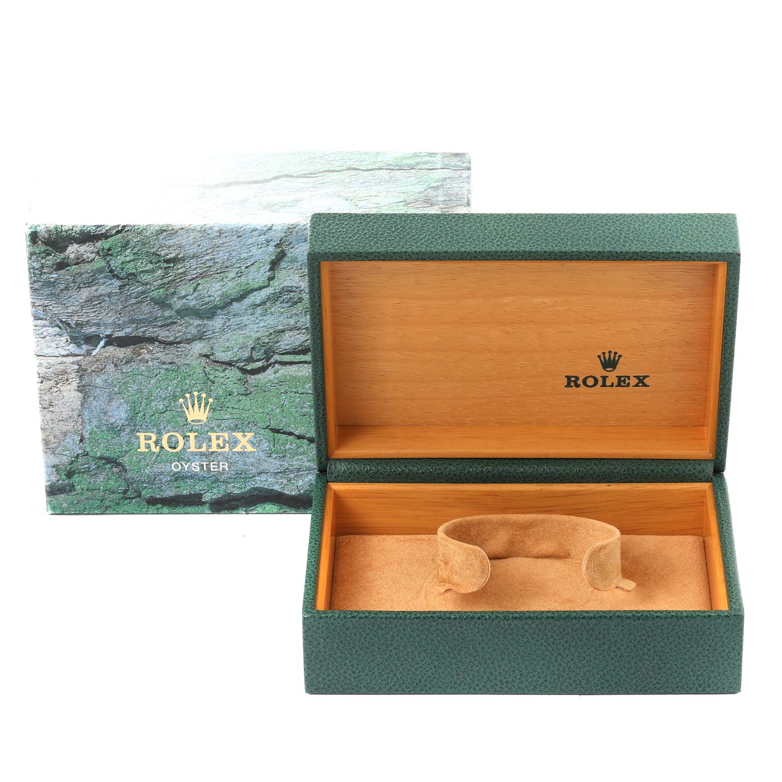 This image shows the open green and tan Rolex box for the GMT-Master watch model, with the outer box behind.