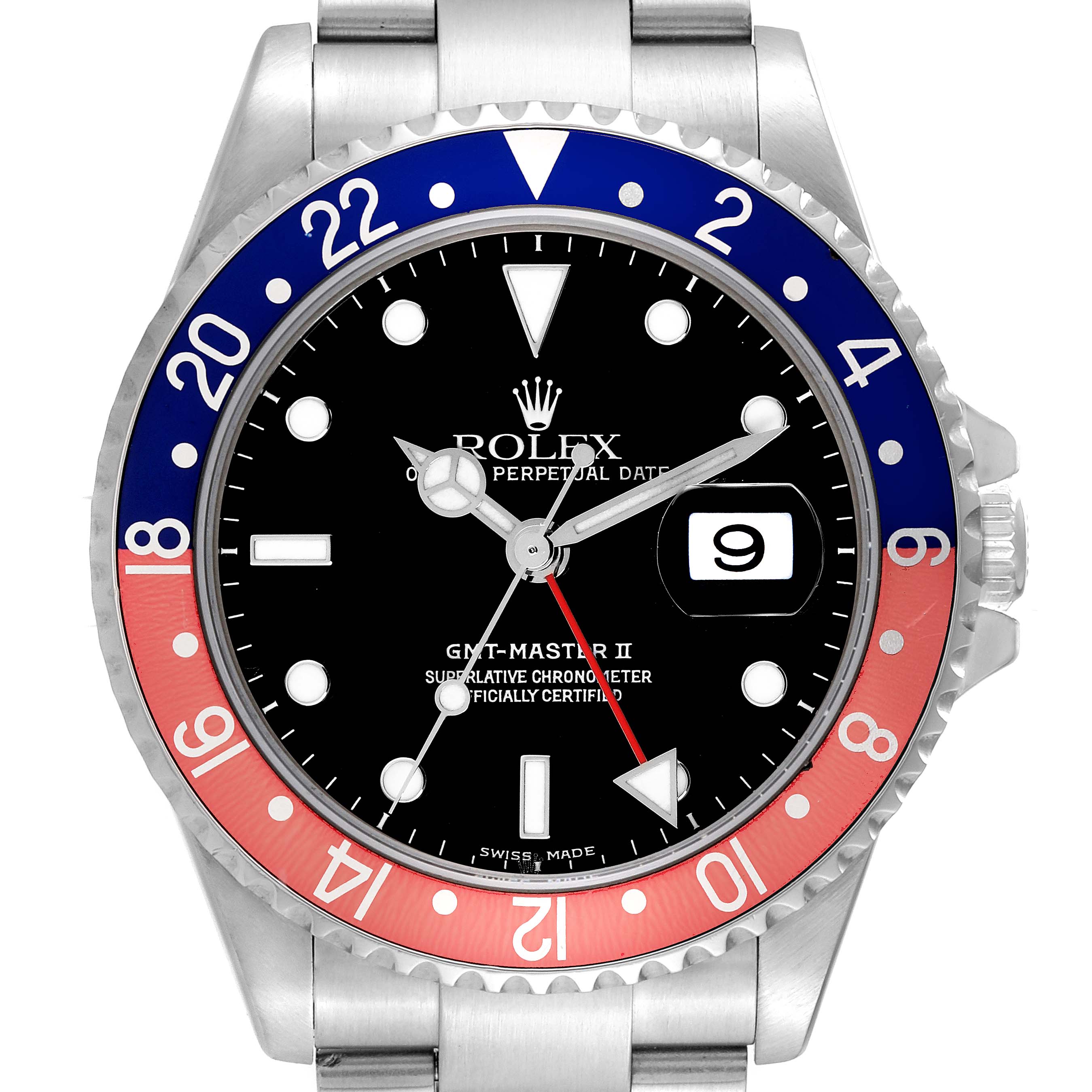 The image shows a frontal view of a Rolex GMT-Master 16710 Men
s Stainless Steel Black Dial 16710 Men
s Stainless Steel Black Dial II watch, featuring its black dial, date display, and red-blue "Pepsi" bezel.