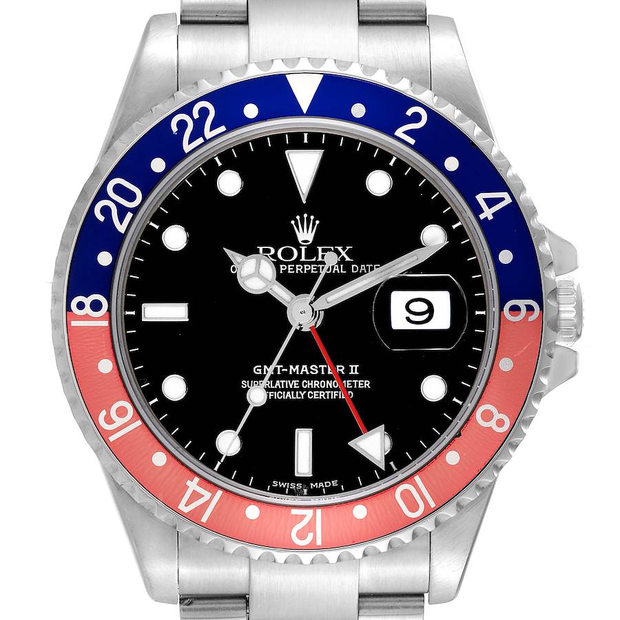 Rolex GMT Master II Blue Red Pepsi Bezel Steel Mens Watch 16710 SwissWatchExpo