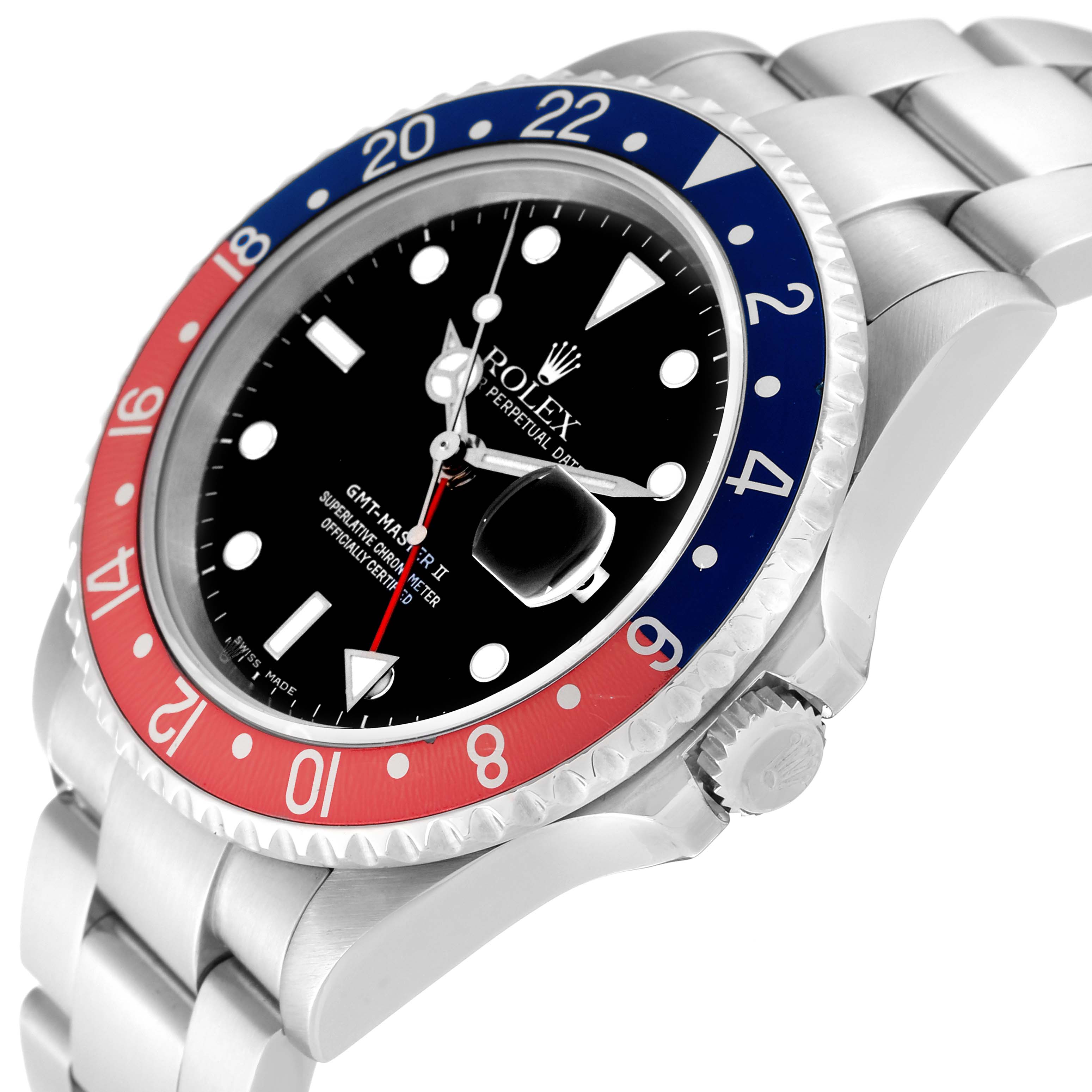 The image shows a Rolex GMT-Master 16710 Men
s Stainless Steel Black Dial 16710 Men
s Stainless Steel Black Dial II watch at an angled view, highlighting the bezel, crown, and part of the bracelet.