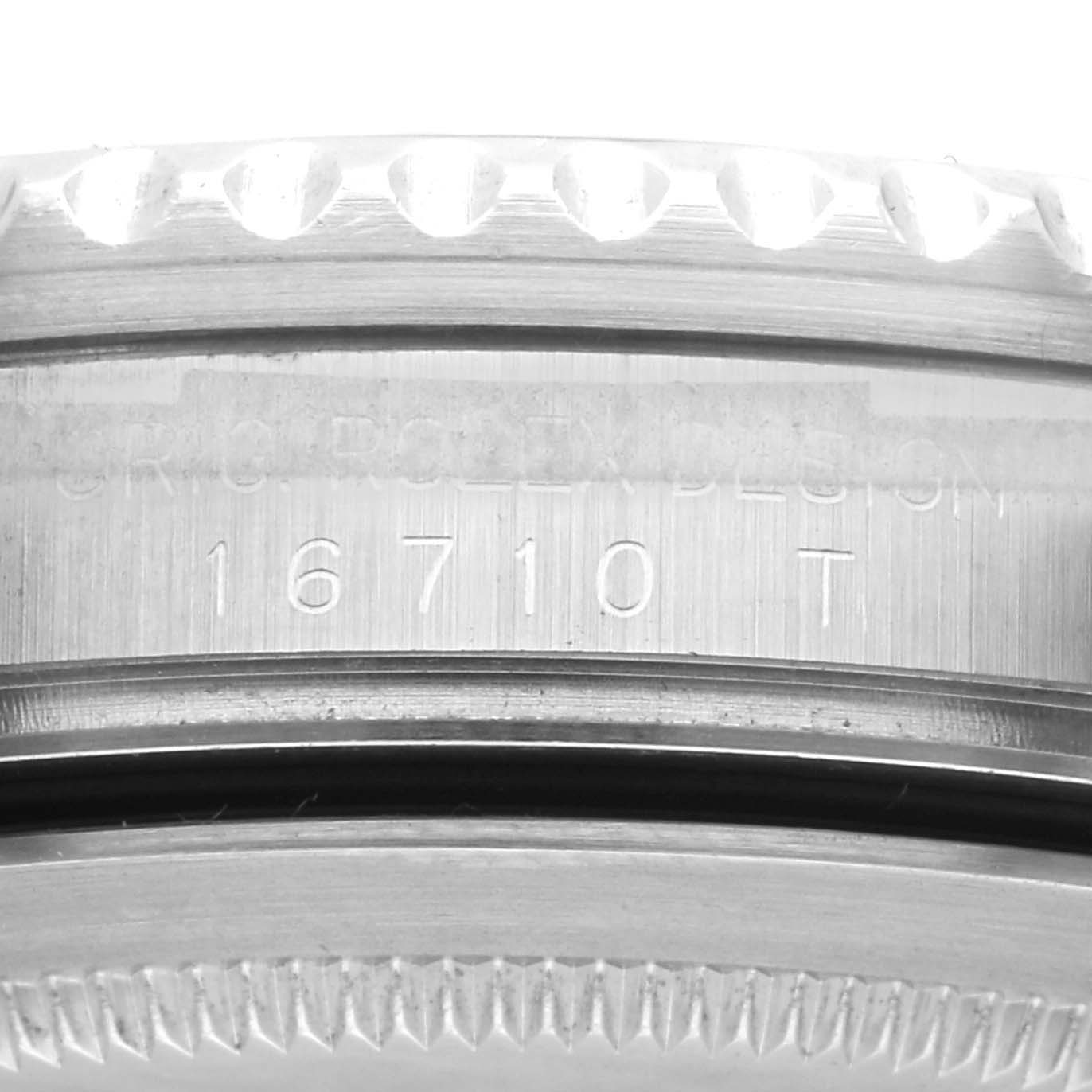 This close-up image shows the side casing detail and model number "16710" of the Rolex GMT-Master 16710 Men
s Stainless Steel Black Dial 16710 Men
s Stainless Steel Black Dial watch.