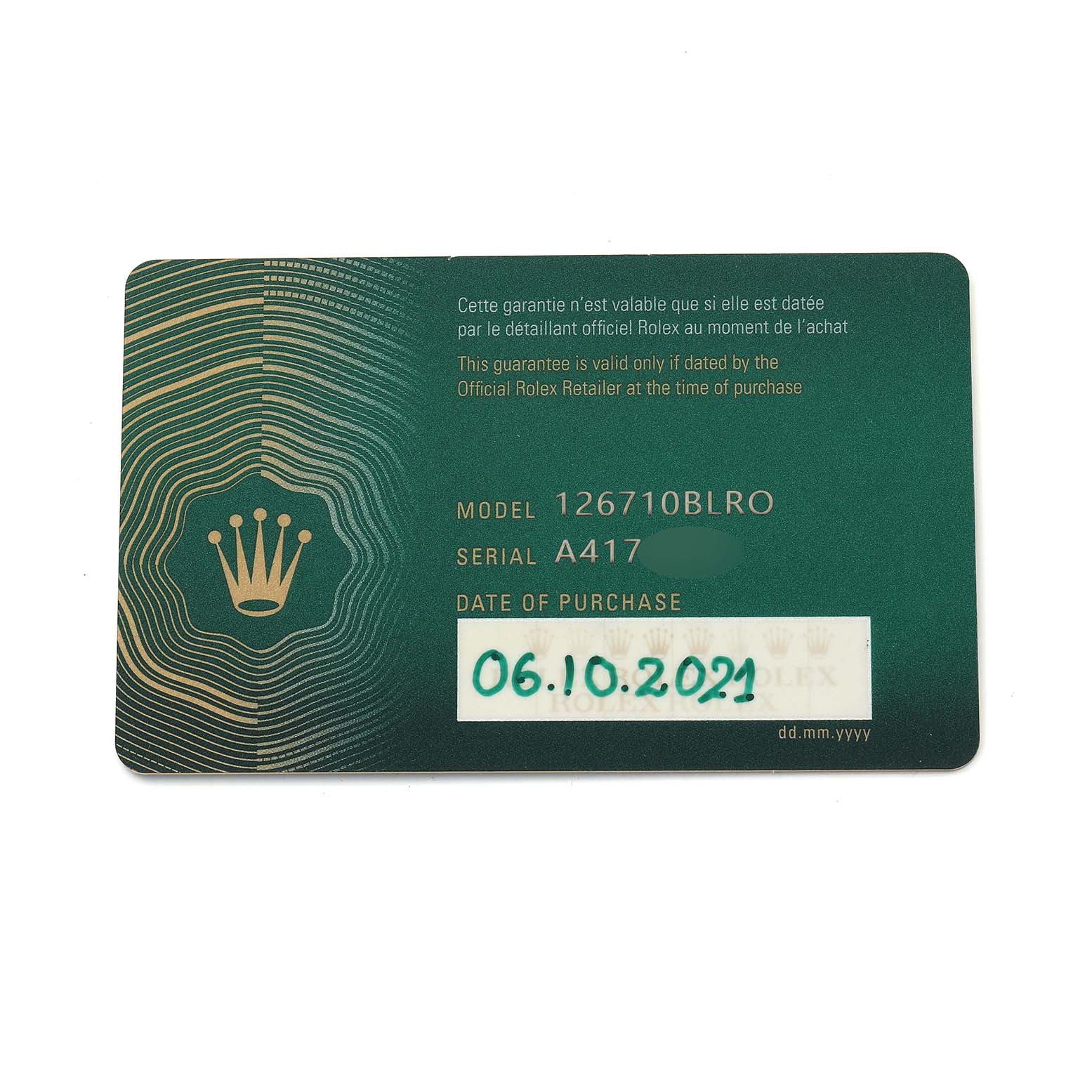 The image shows a warranty card for the Rolex GMT-Master 126710 Men's Stainless Steel Black Dial model 126710BLRO.