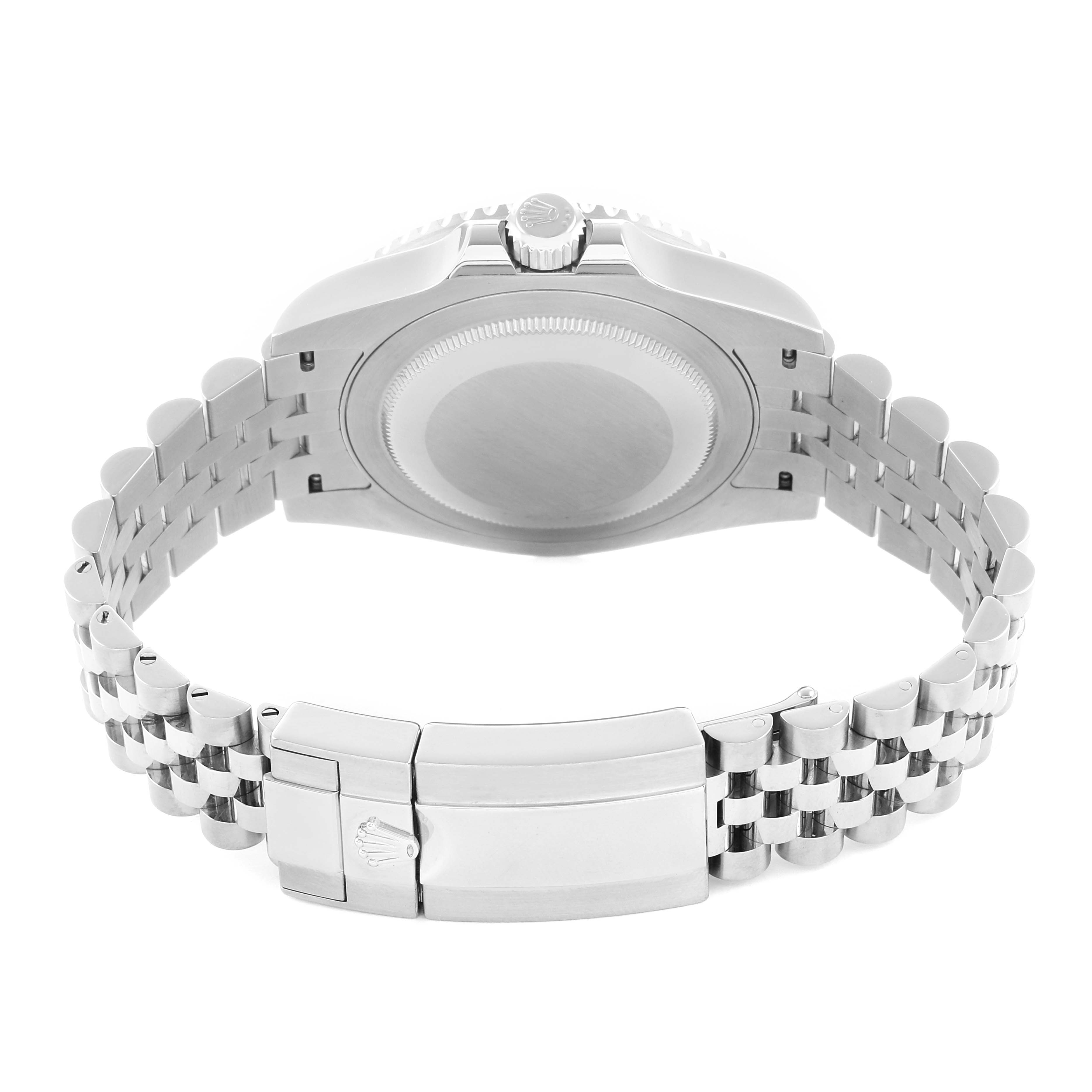 The image shows a Rolex GMT-Master 126710 Men's Stainless Steel Black Dial watch from a rear angle, highlighting the case back and bracelet clasp.