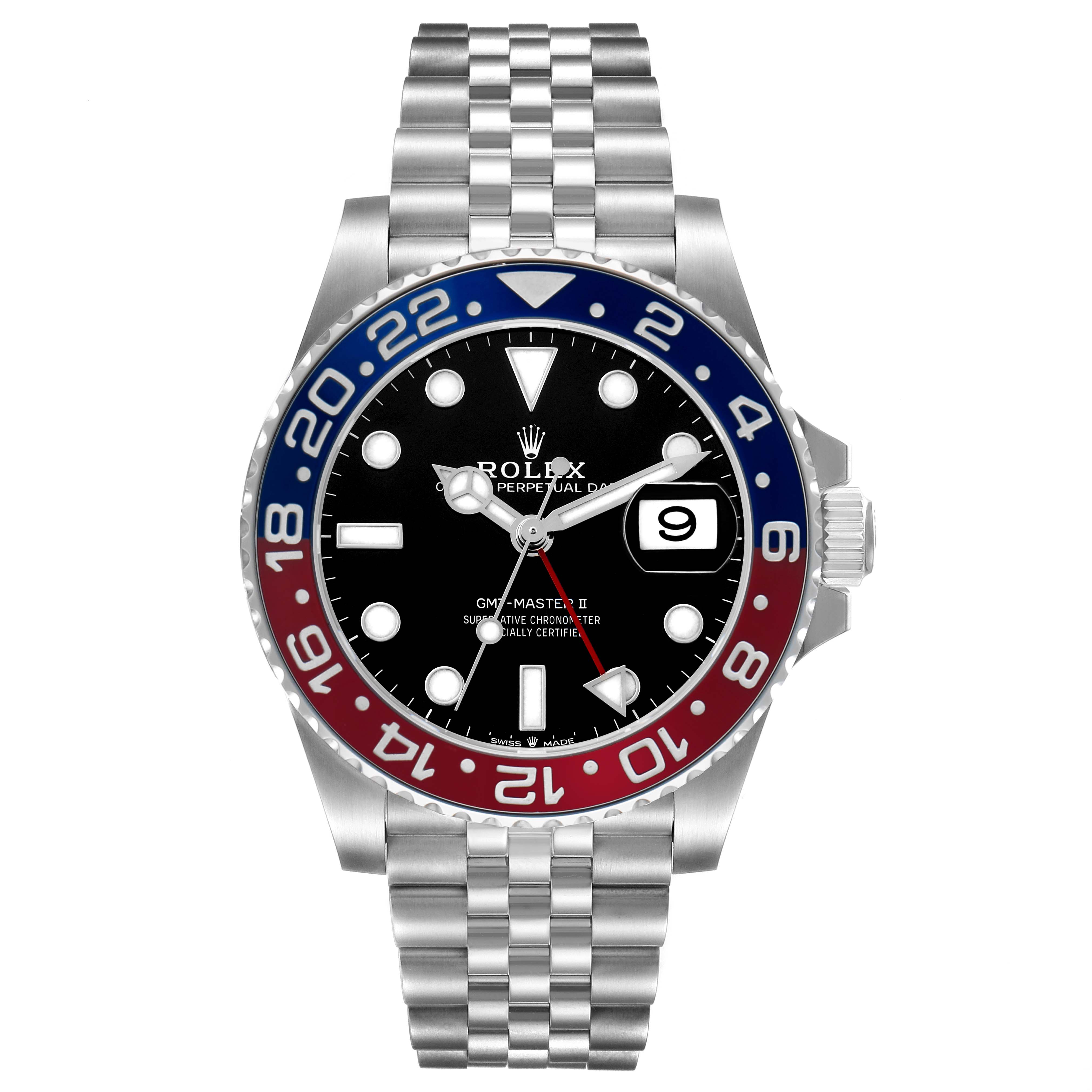 The Rolex GMT-Master 126710 Men's Stainless Steel Black Dial watch is shown from a frontal angle, highlighting its face, bezel, crown, and bracelet.