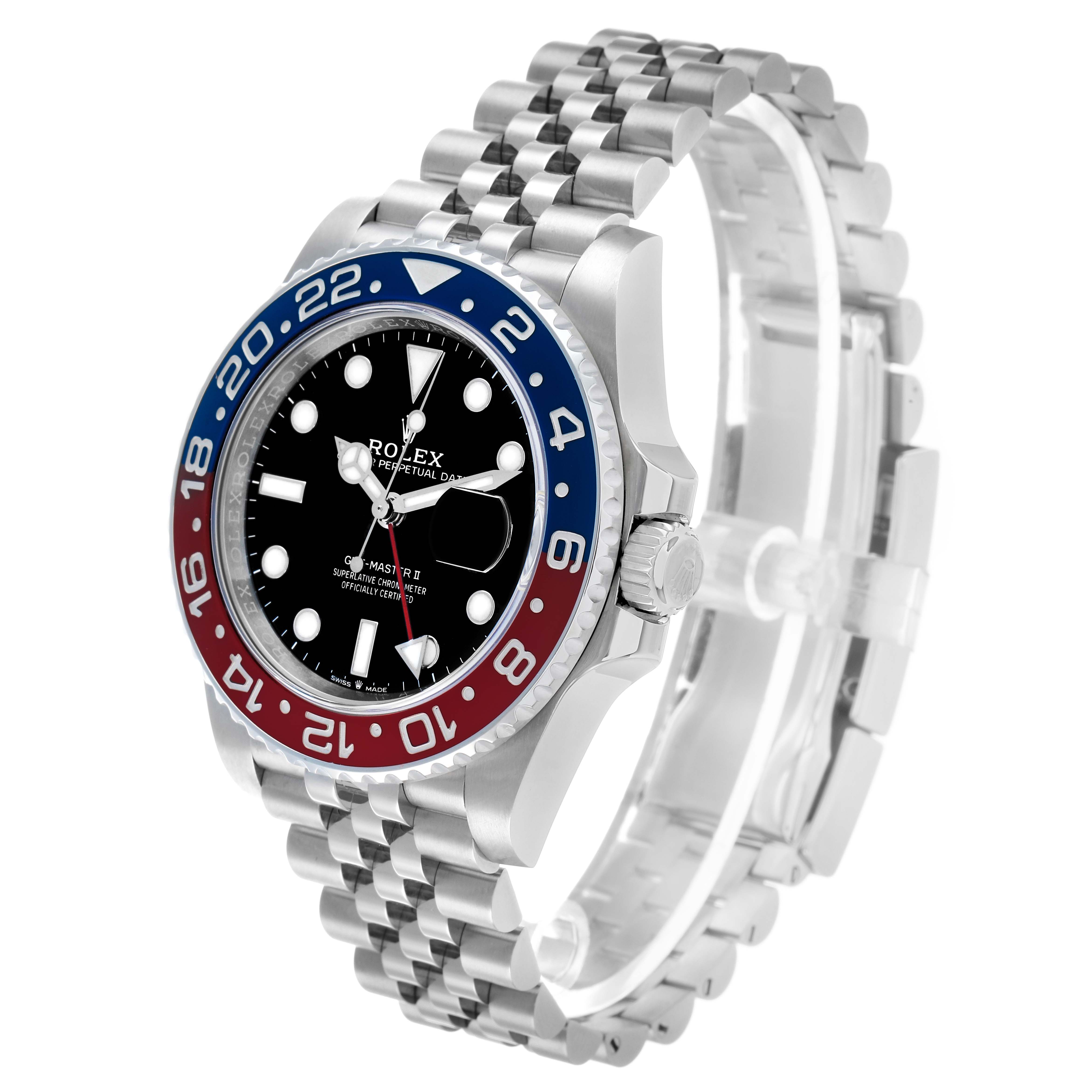 The Rolex GMT-Master 126710 Men's Stainless Steel Black Dial watch is shown at an angled side view, highlighting the bezel, face, case, and bracelet.