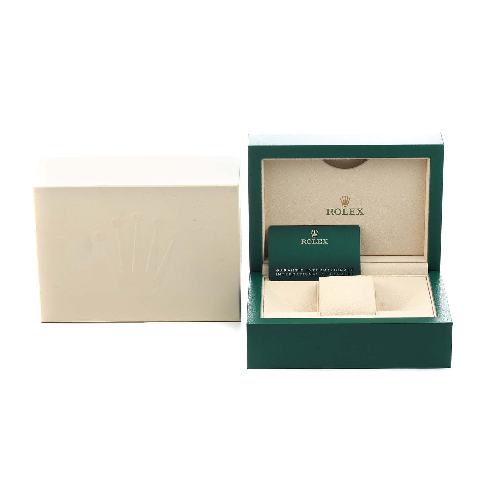 The image shows a Rolex GMT-Master 126710 Men's Stainless Steel Black Dial box set with outer and inner boxes, and an international guarantee card.