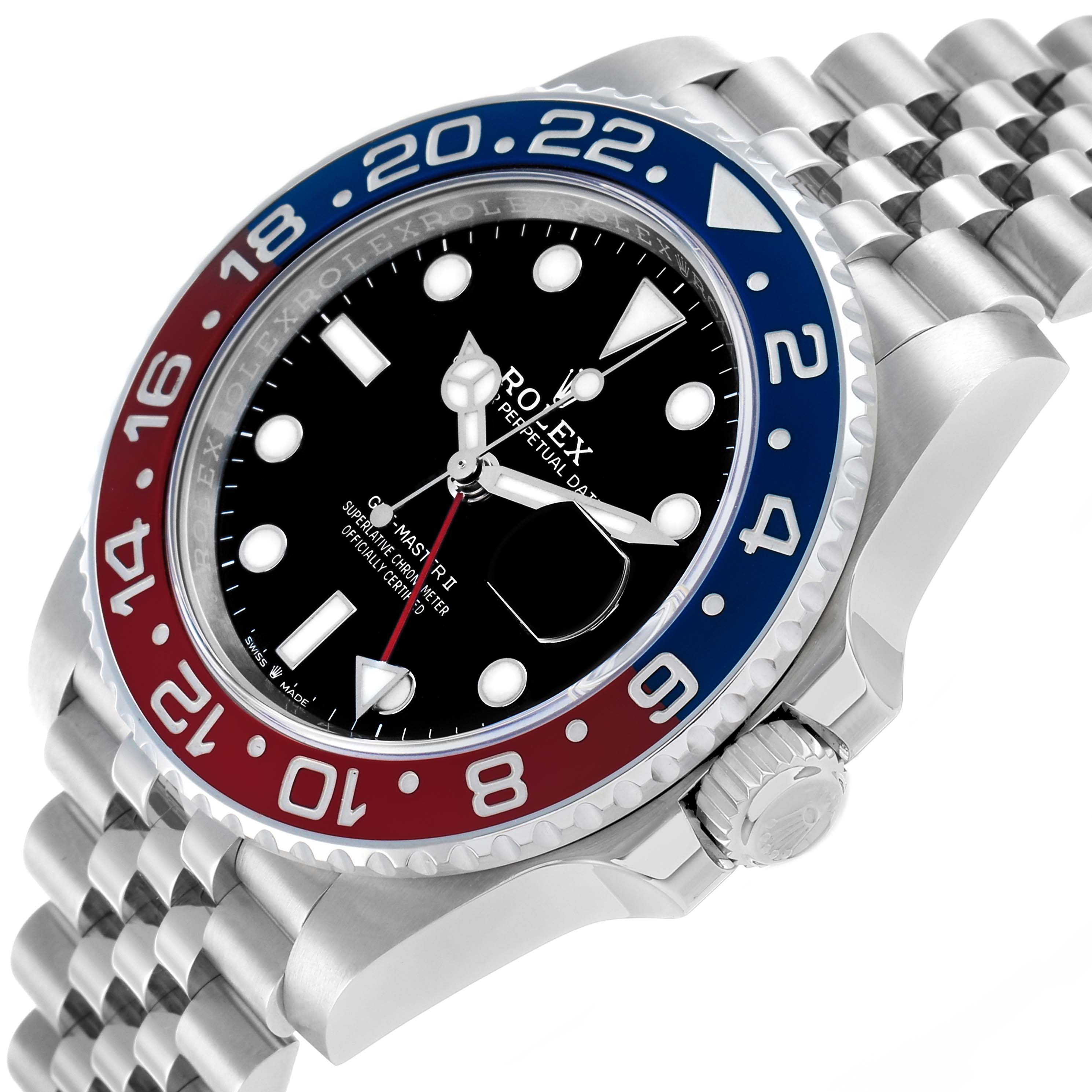 The Rolex GMT-Master 126710 Men's Stainless Steel Black Dial watch is shown at a slight angle highlighting its bezel, crown, and part of its bracelet.
