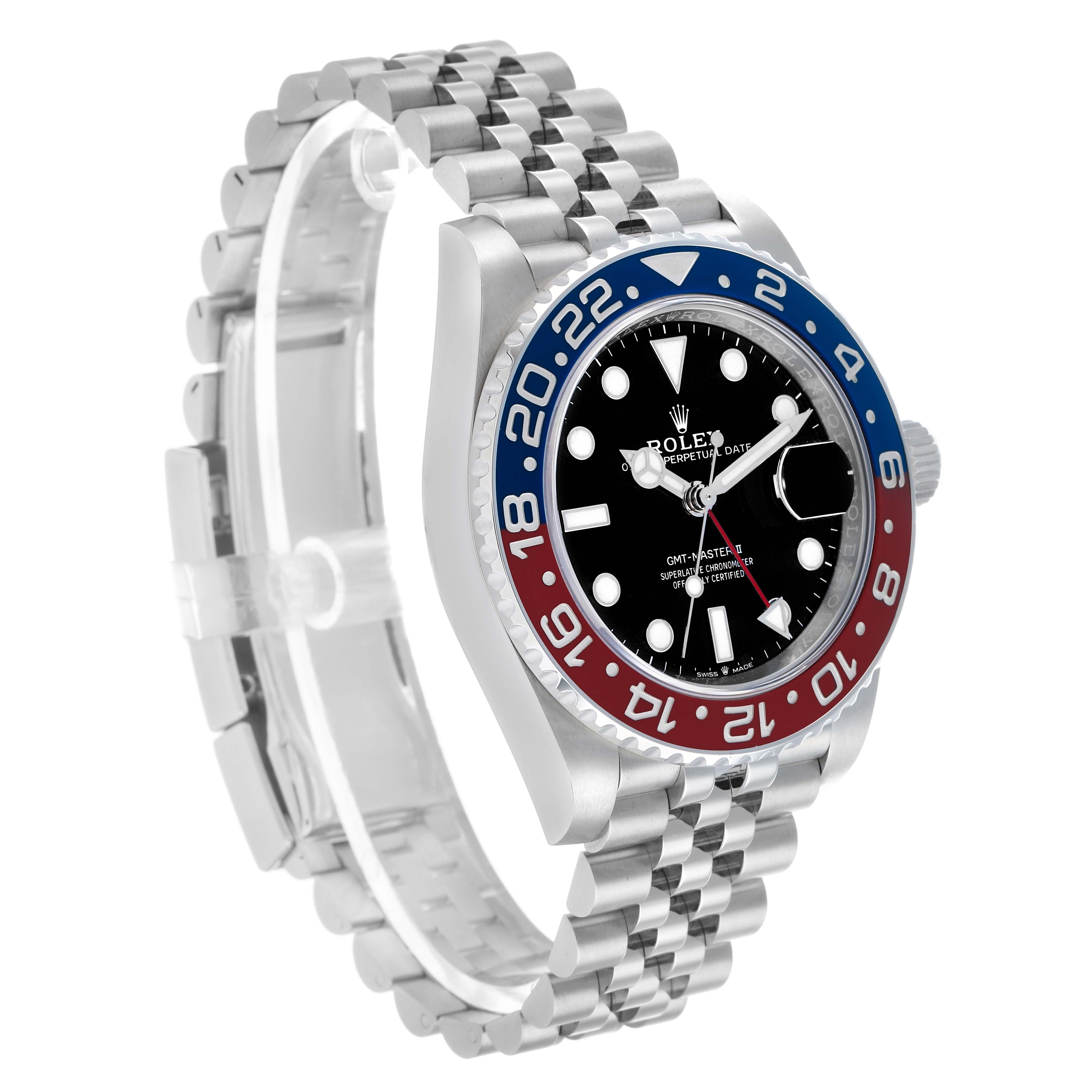 The Rolex GMT-Master 126710 Men's Stainless Steel Black Dial watch is shown at a three-quarter angle, displaying the bezel, dial, crown, and bracelet.