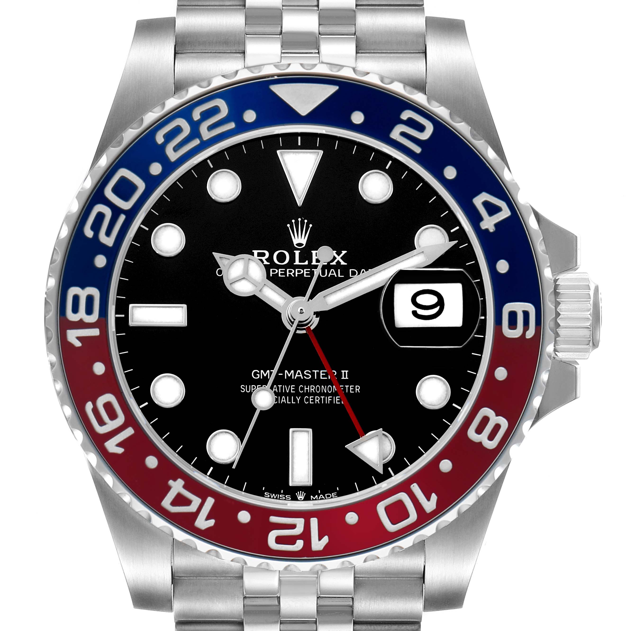 The Rolex GMT-Master 126710 Men's Stainless Steel Black Dial watch is shown from a front angle, highlighting its dial, bezel, and bracelet.