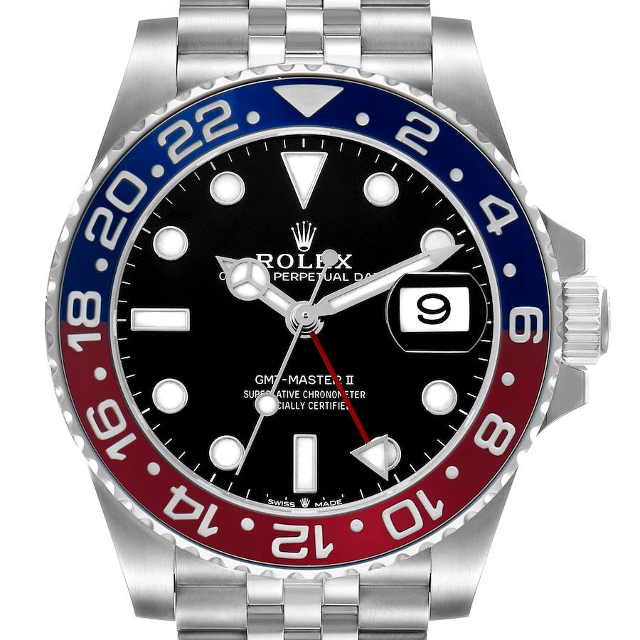 The Rolex GMT-Master 126710 Men's Stainless Steel Black Dial watch is shown from a front angle, highlighting its dial, bezel, and bracelet.