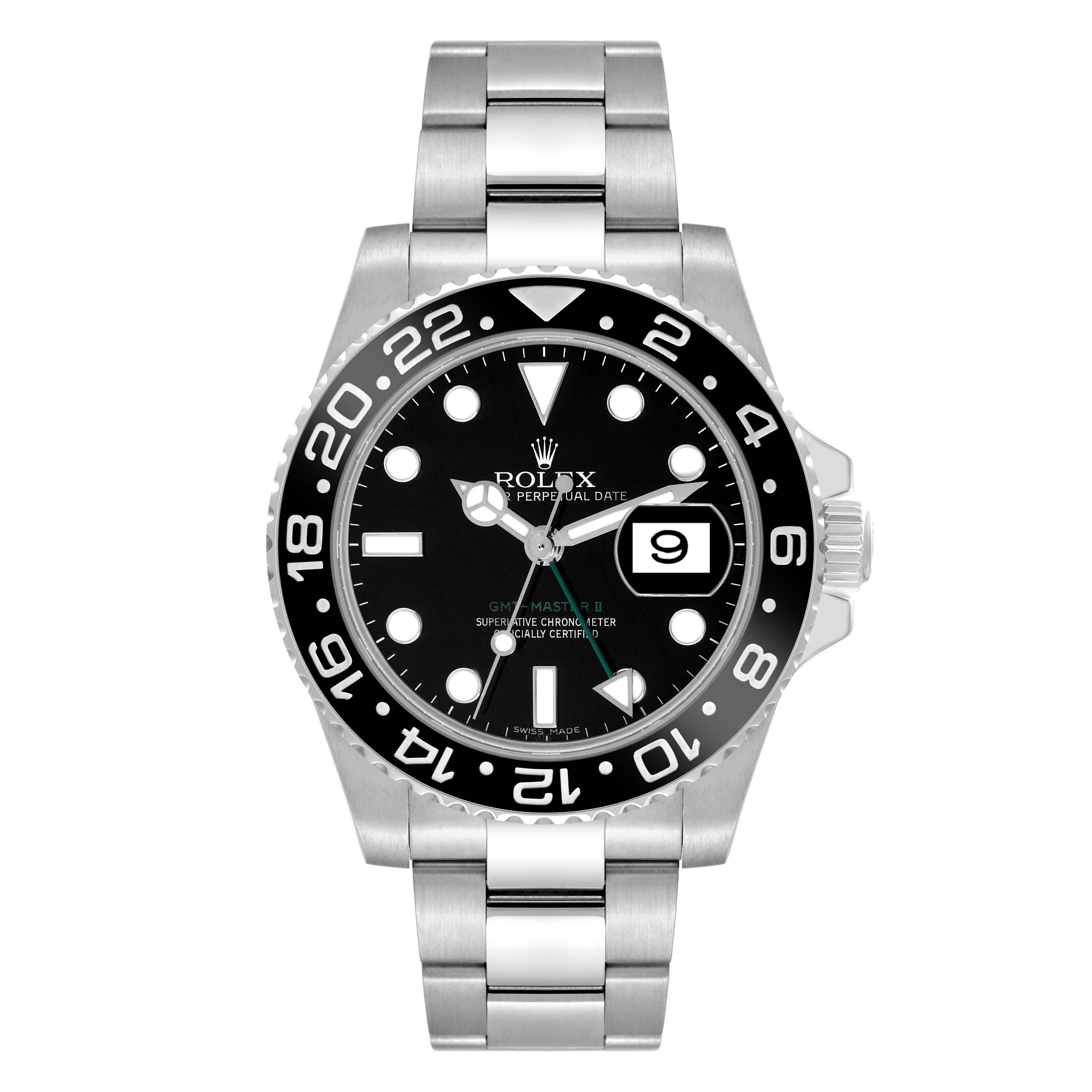 The image shows a front view of a Rolex GMT-Master 116710 Men
s Stainless Steel Black Dial 116710 Men
s Stainless Steel Black Dial II watch, displaying the dial, bezel, date window, and bracelet.
