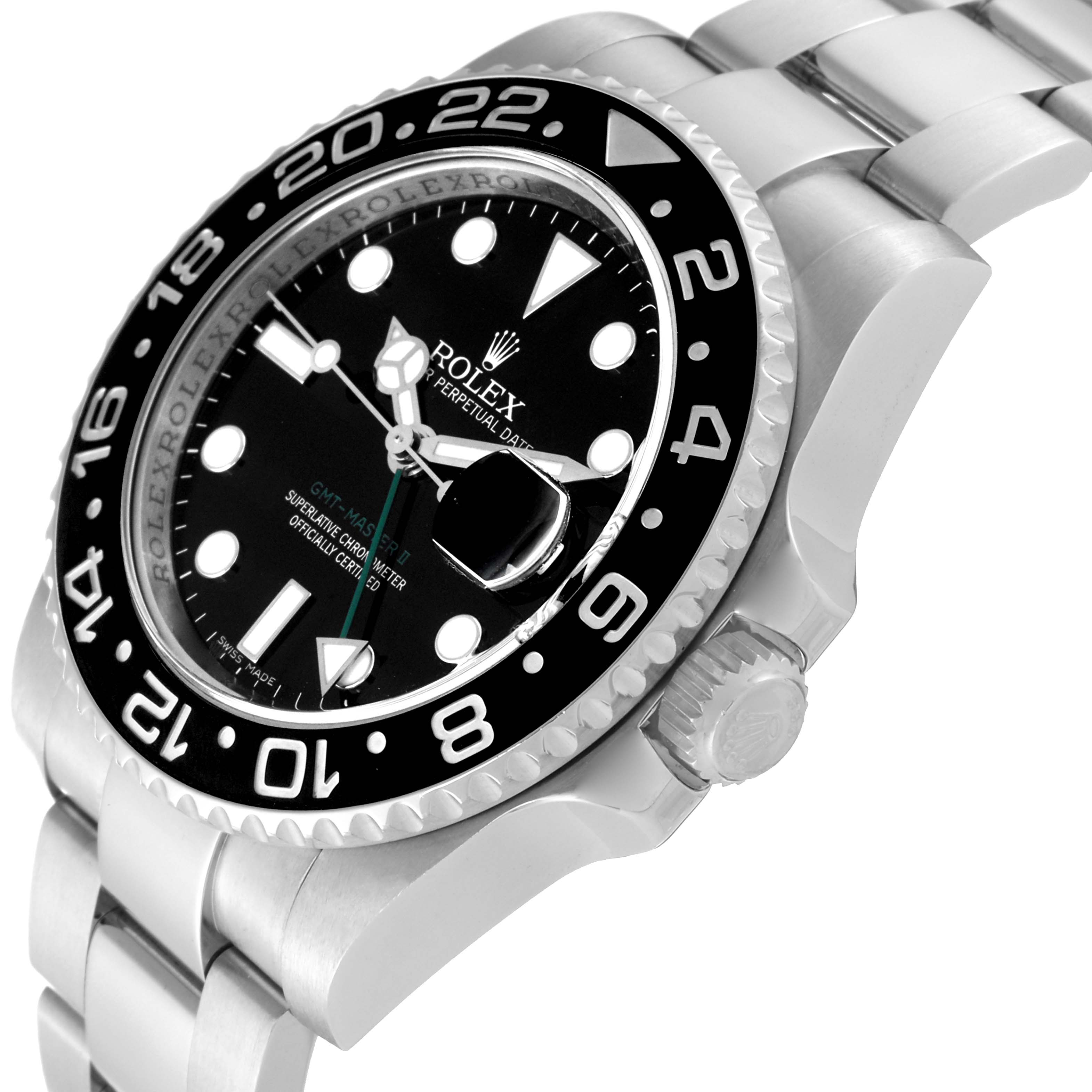 The Rolex GMT-Master 116710 Men
s Stainless Steel Black Dial 116710 Men
s Stainless Steel Black Dial watch is shown at an angle displaying the bezel, dial, crown, and part of the bracelet.
