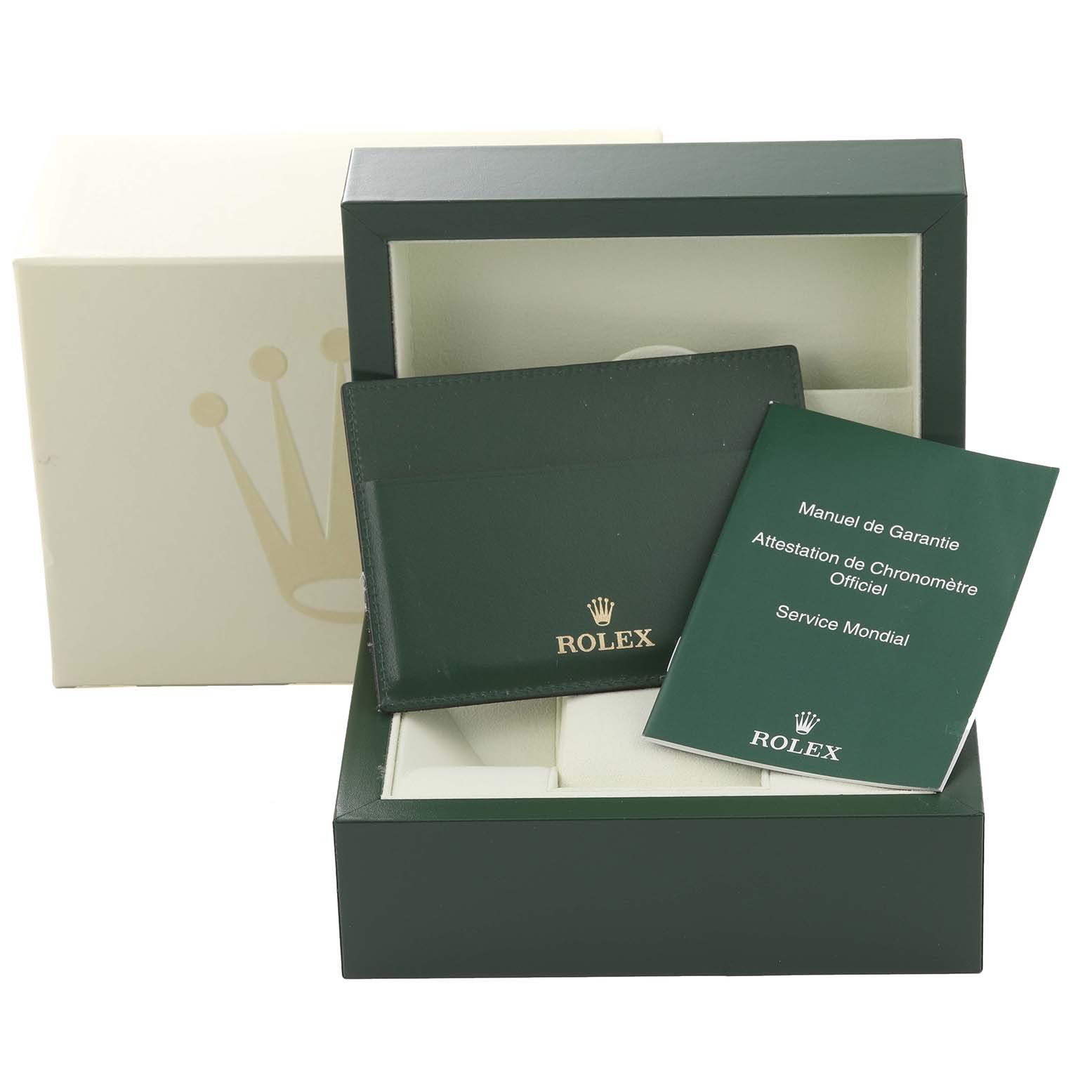 The image shows the packaging and documentation for a Rolex GMT-Master 116710 Men
s Stainless Steel Black Dial 116710 Men
s Stainless Steel Black Dial watch, including a box, a manual, and a warranty card.