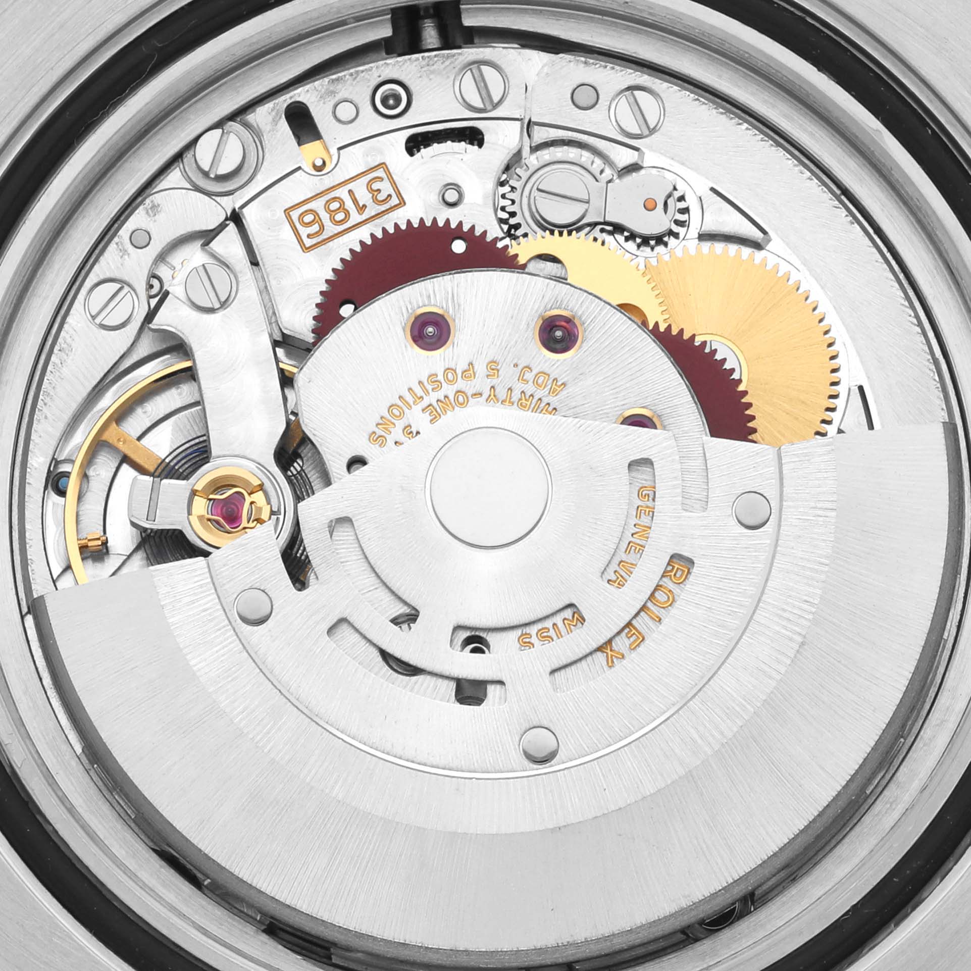 This image shows the movement and internal mechanism of the Rolex GMT-Master 116710 Men
s Stainless Steel Black Dial 116710 Men
s Stainless Steel Black Dial watch from a close-up and top-down angle.