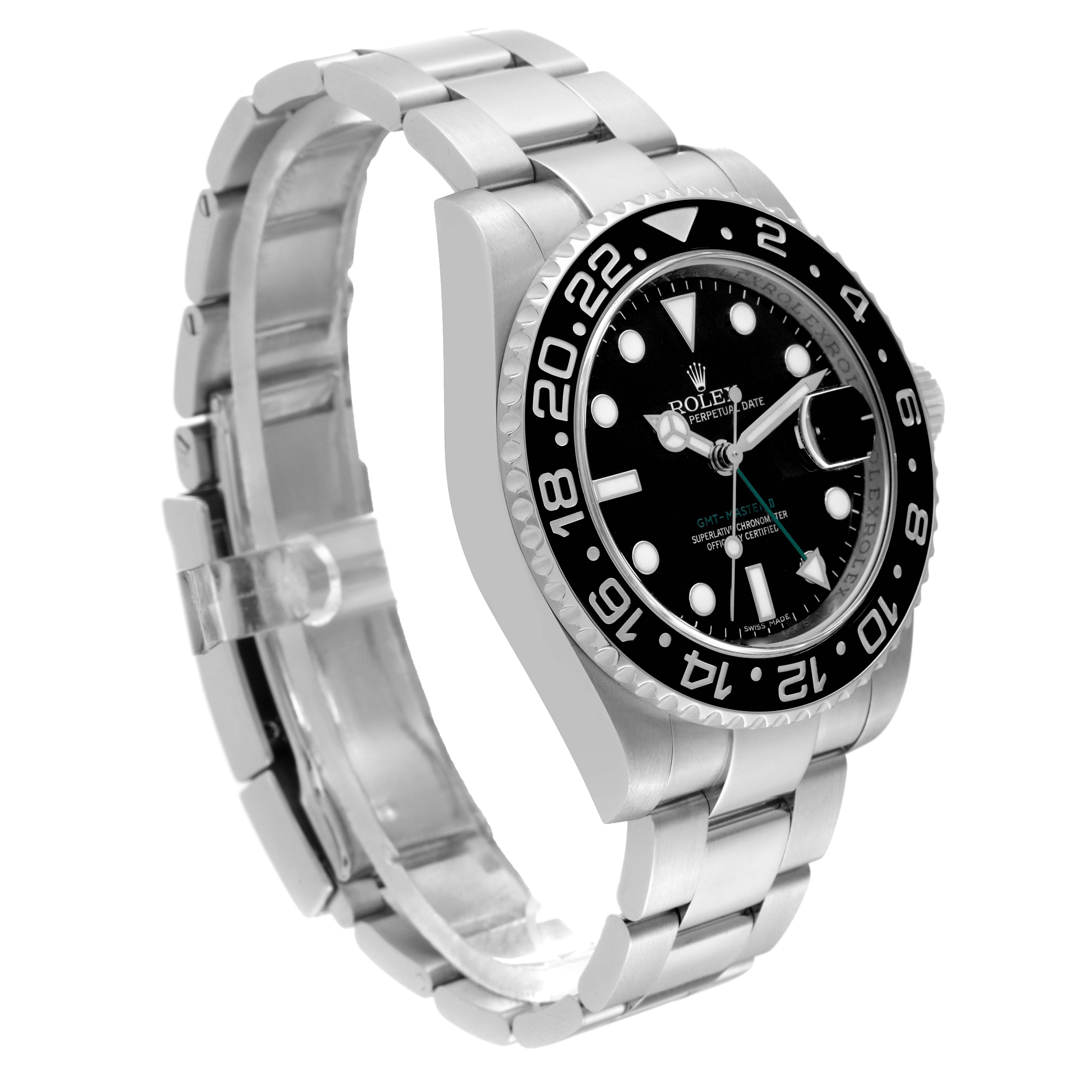 The image shows a Rolex GMT-Master 116710 Men
s Stainless Steel Black Dial 116710 Men
s Stainless Steel Black Dial watch at a right-side angle, highlighting the bracelet, bezel, and face.