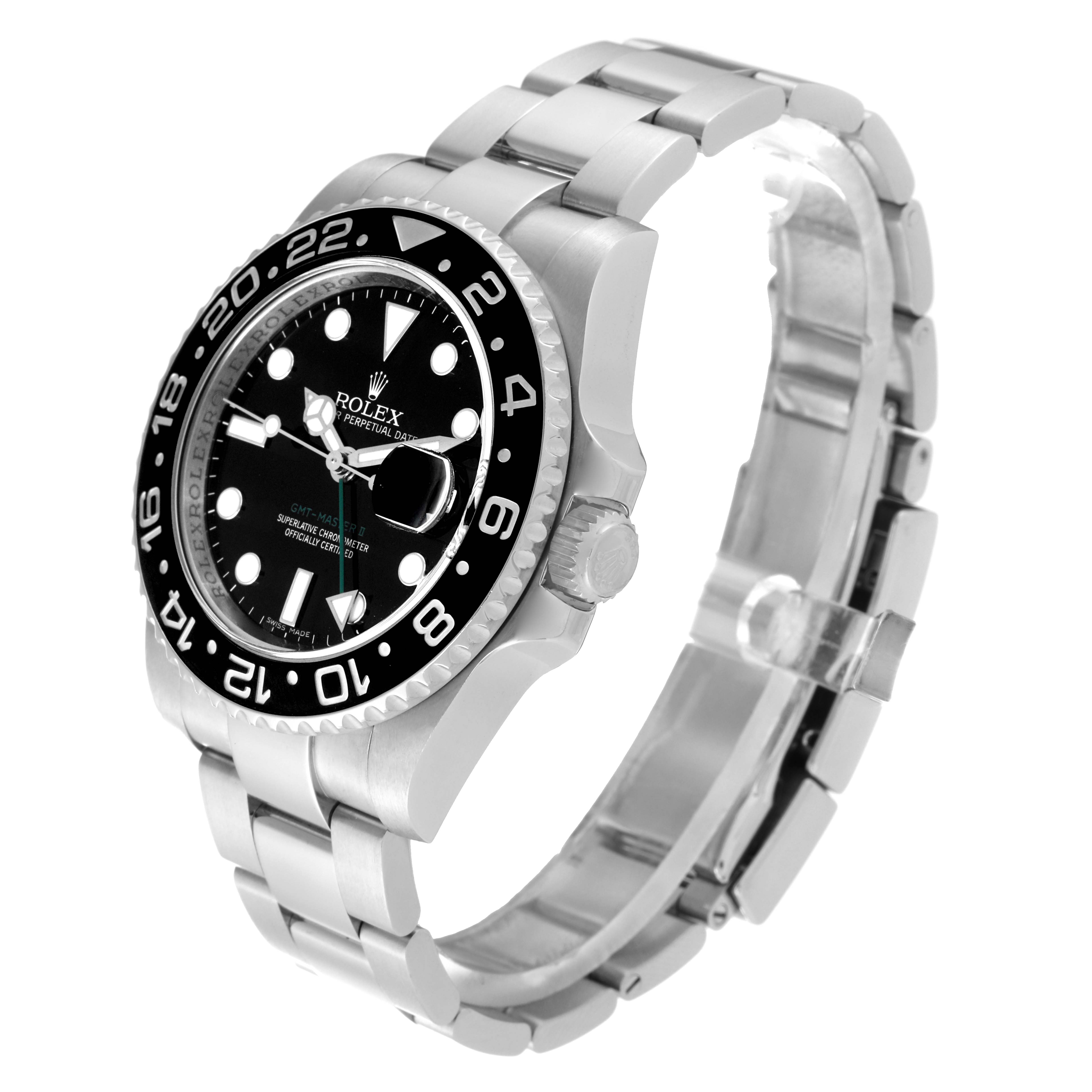 The image shows a side angle of the Rolex GMT-Master 116710 Men
s Stainless Steel Black Dial 116710 Men
s Stainless Steel Black Dial watch, featuring the bezel, crown, and bracelet.