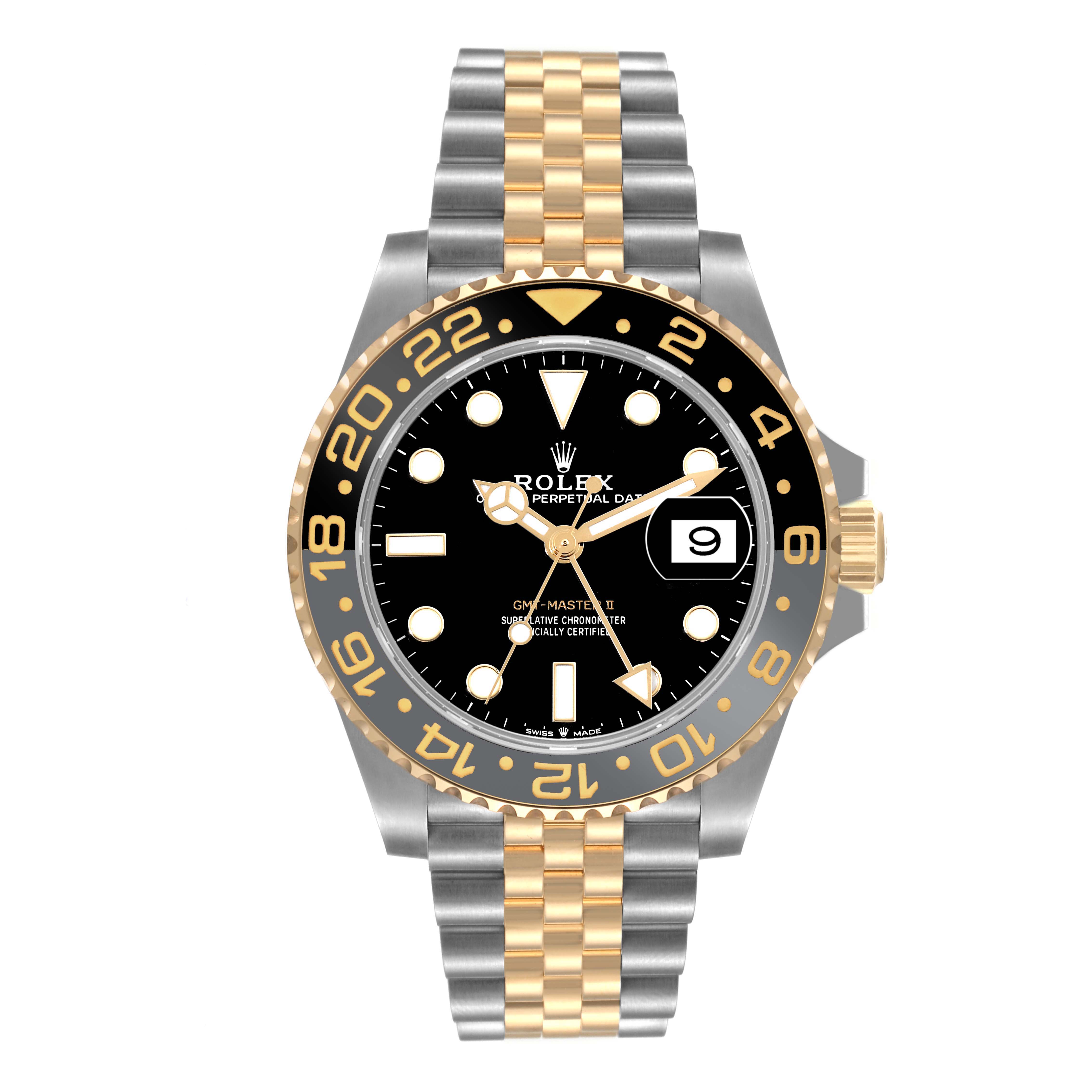 This Rolex GMT-Master 126713 Men's Steel and Gold (two tone) Black Dial 126713 Men's Steel and Gold (two tone) Black Dial watch is shown from a front angle, displaying the black dial, gold accents, bezel, and the two-toned bracelet.