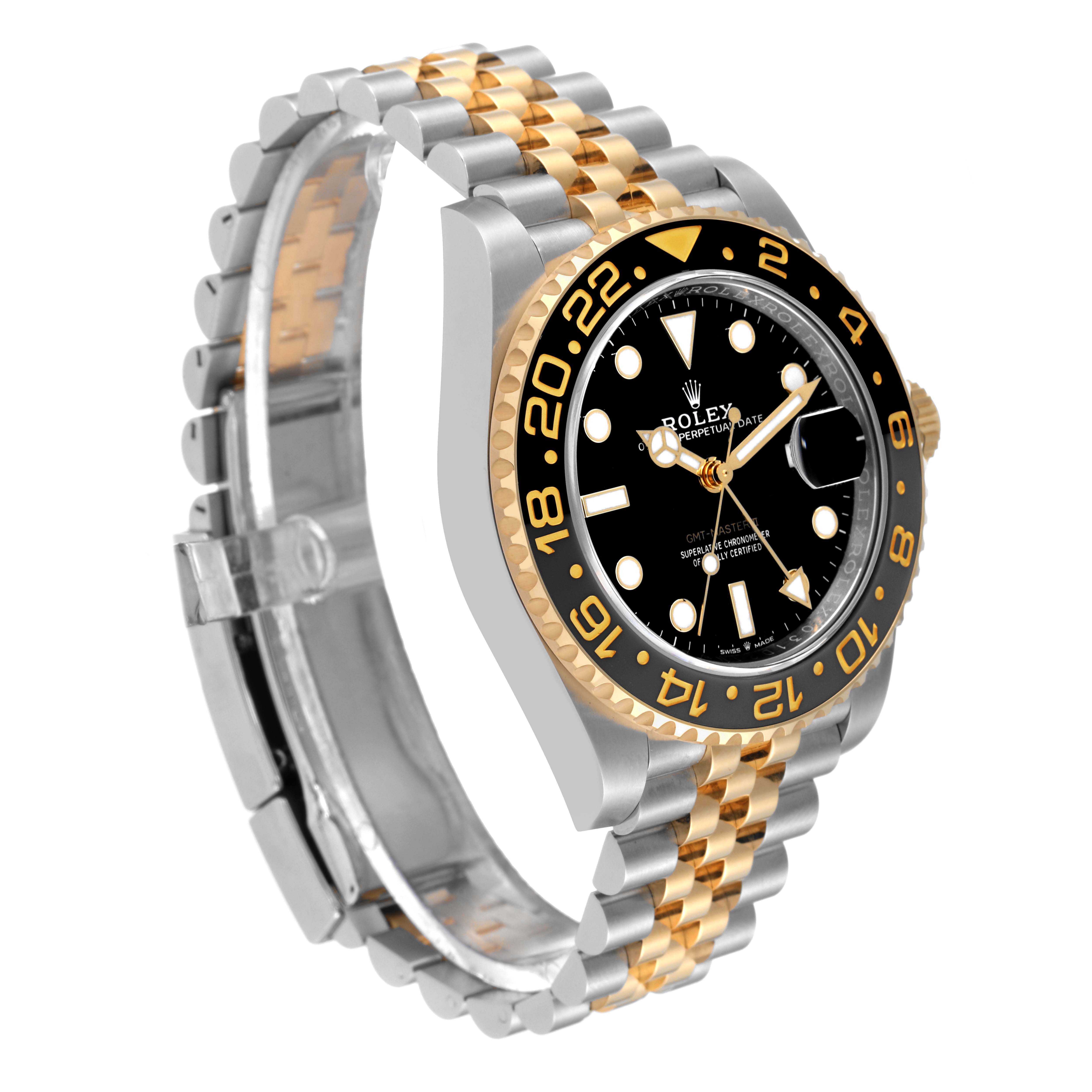 The image shows a Rolex GMT-Master 126713 Men's Steel and Gold (two tone) Black Dial 126713 Men's Steel and Gold (two tone) Black Dial watch at a three-quarter angle, highlighting its black dial, bi-color bezel, and two-tone bracelet.