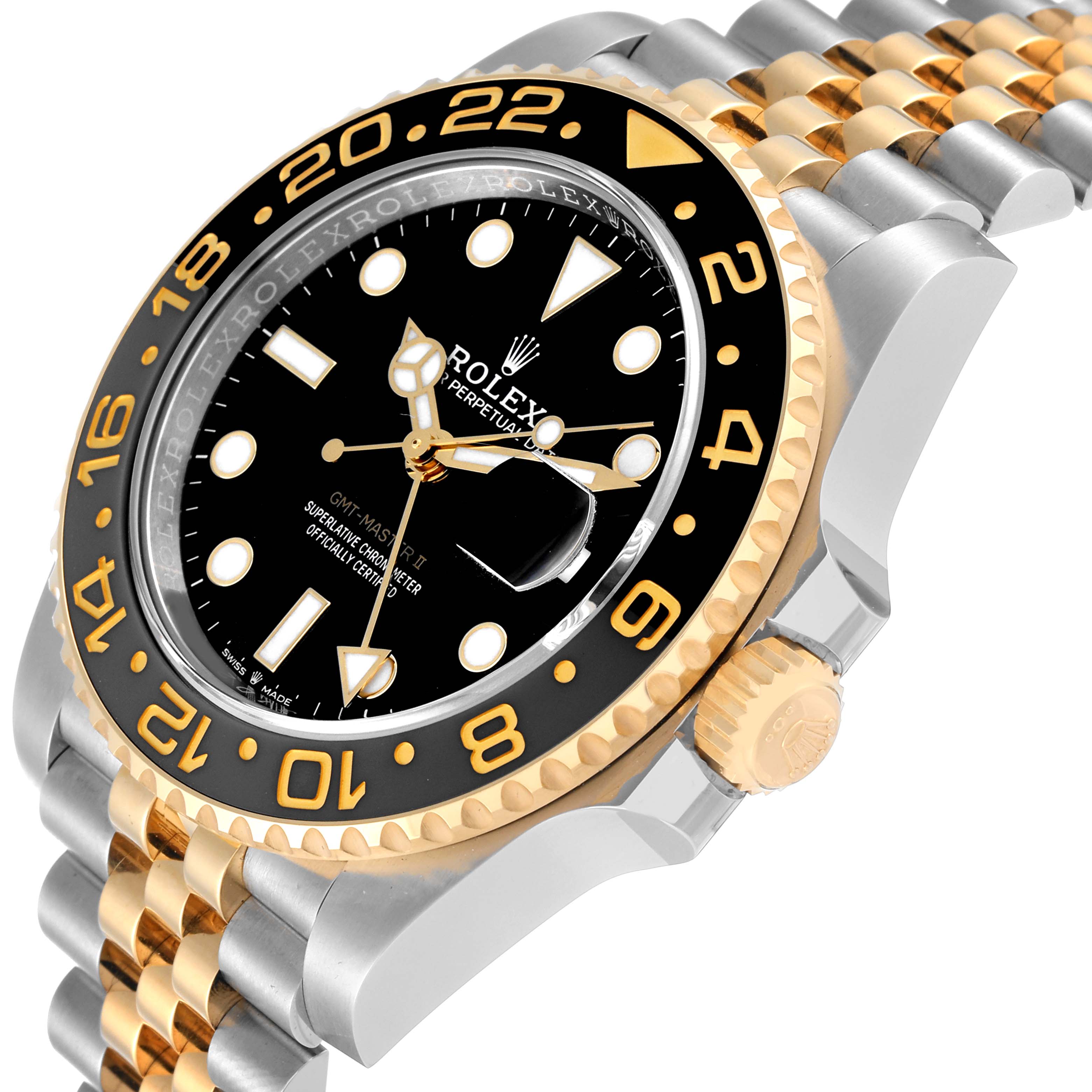 The image shows a Rolex GMT-Master 126713 Men's Steel and Gold (two tone) Black Dial 126713 Men's Steel and Gold (two tone) Black Dial watch at an angled view, highlighting the bezel, dial, crown, and two-tone bracelet.