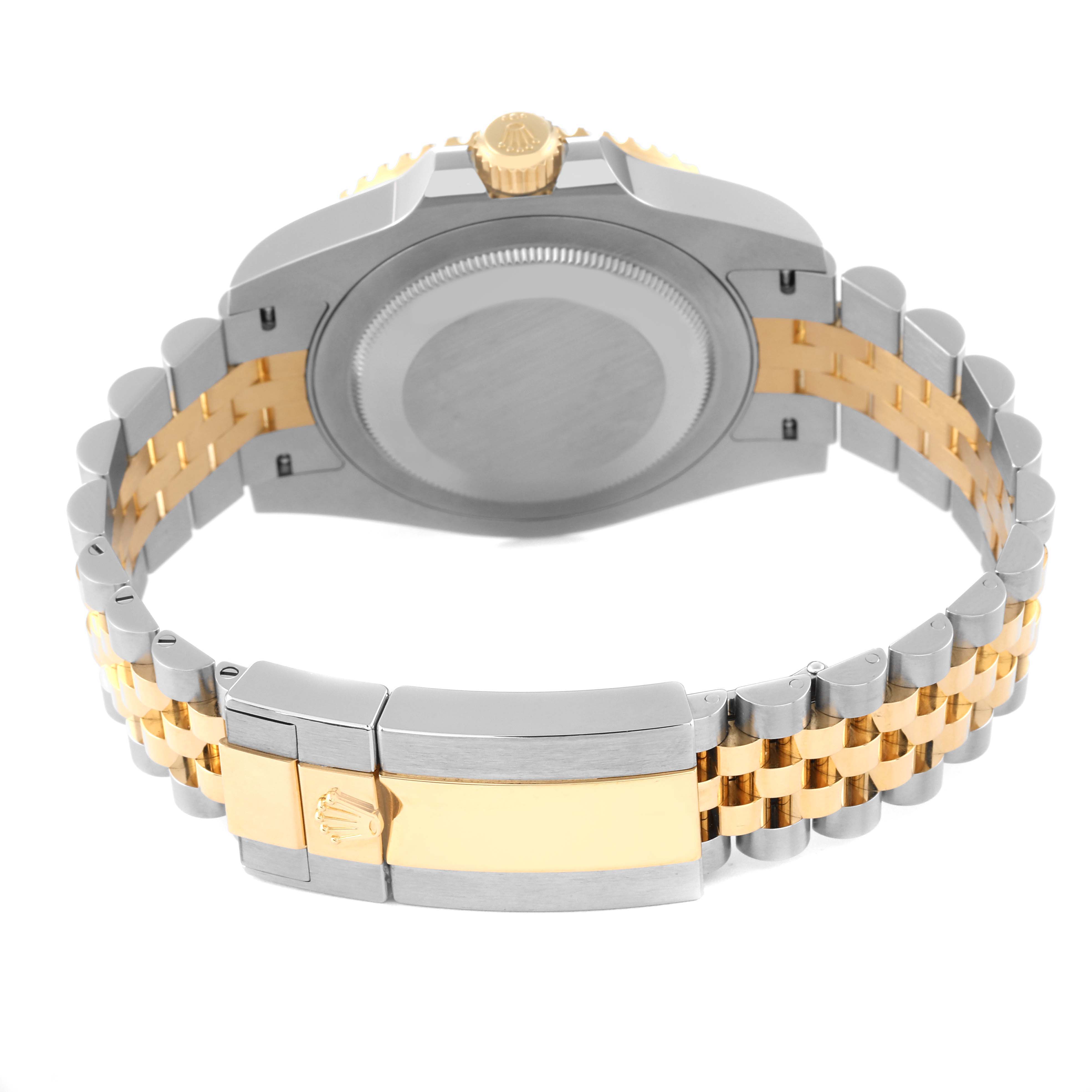 The image shows the backside of a Rolex GMT-Master 126713 Men's Steel and Gold (two tone) Black Dial 126713 Men's Steel and Gold (two tone) Black Dial watch, focusing on the clasp, band, and case back.