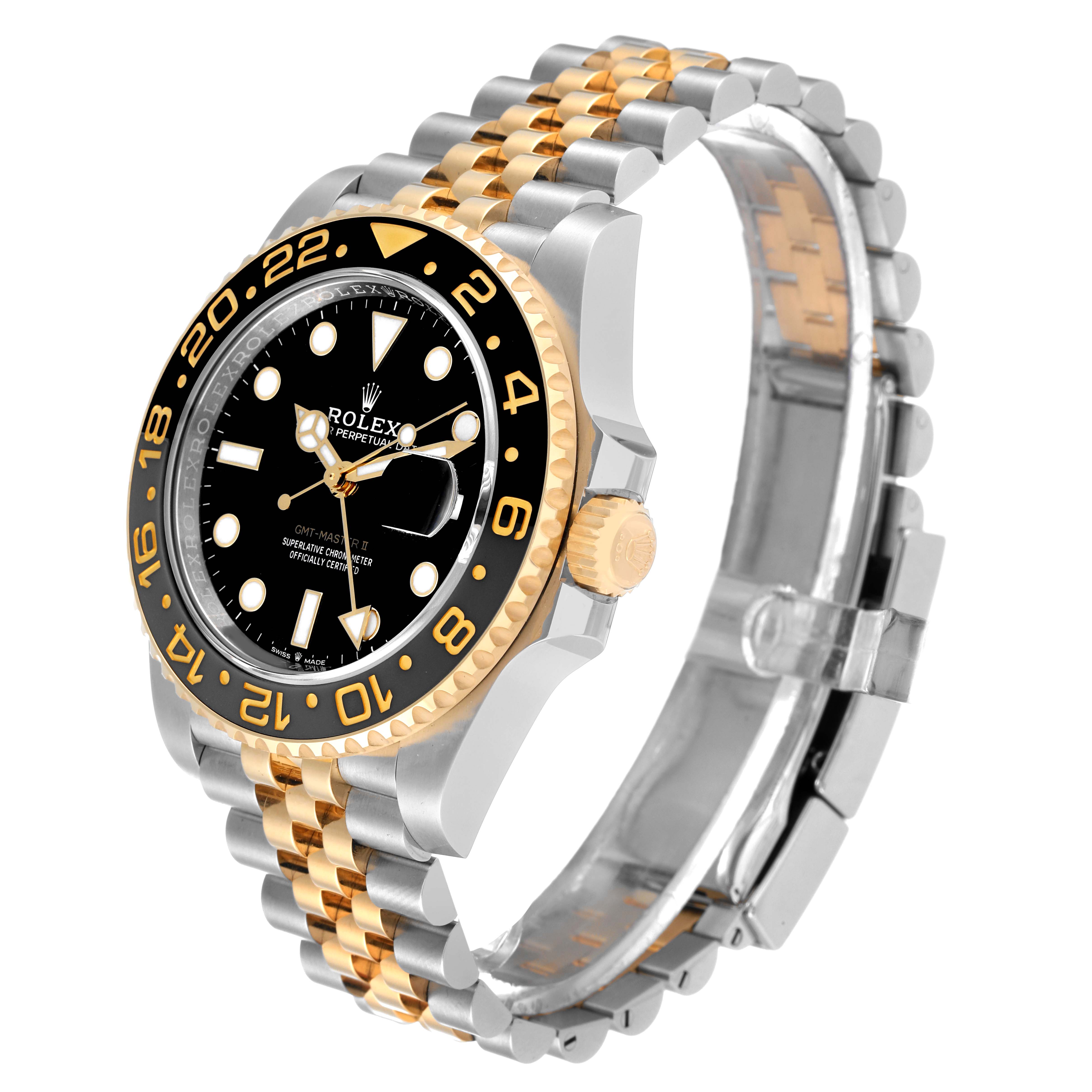 The image shows a side-angle view of a Rolex GMT-Master 126713 Men's Steel and Gold (two tone) Black Dial 126713 Men's Steel and Gold (two tone) Black Dial watch, highlighting its black dial, gold accents, and two-tone bracelet.