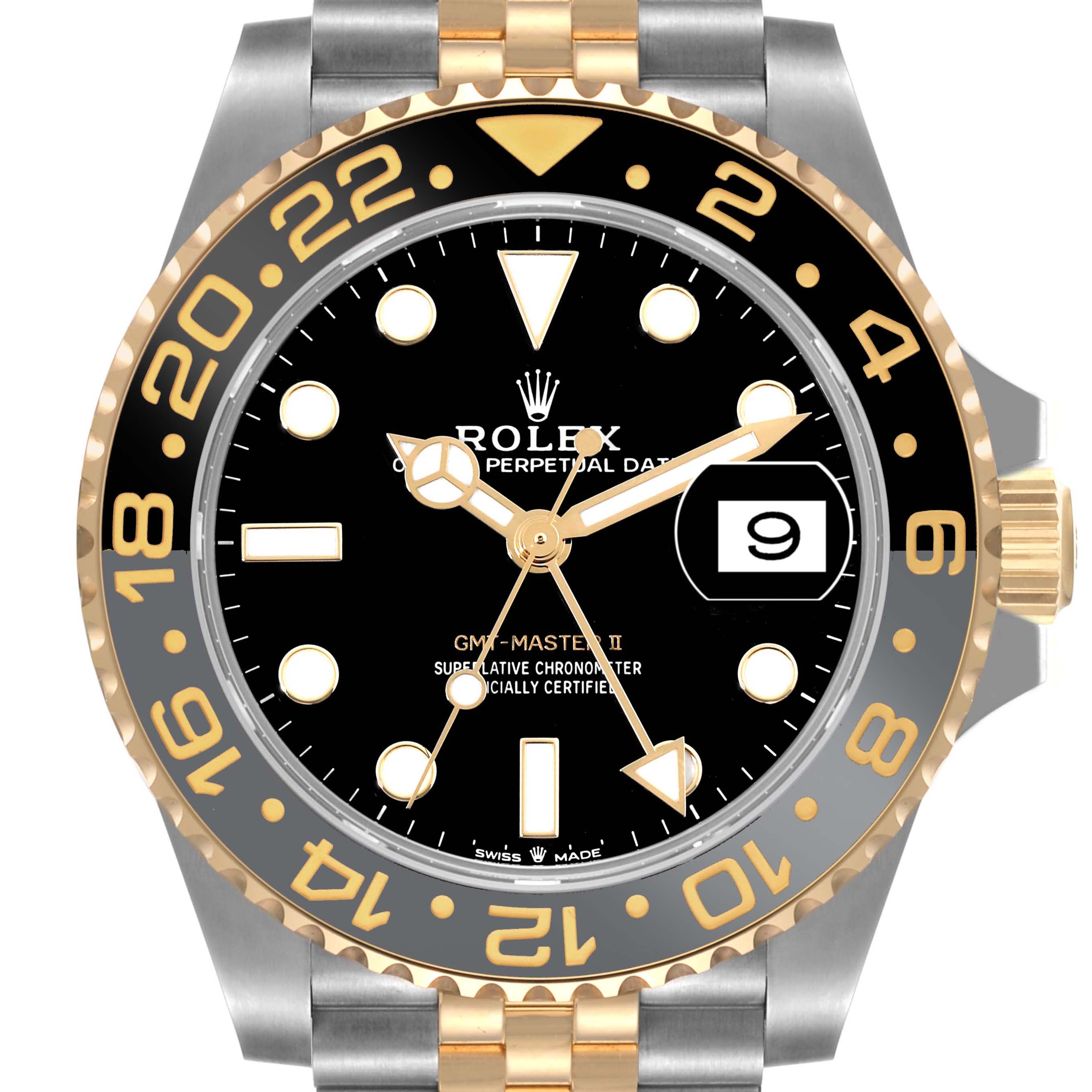 This is a close-up, front-facing view of a Rolex GMT-Master 126713 Men's Steel and Gold (two tone) Black Dial 126713 Men's Steel and Gold (two tone) Black Dial II watch, showing the dial, bezel, and part of the bracelet.