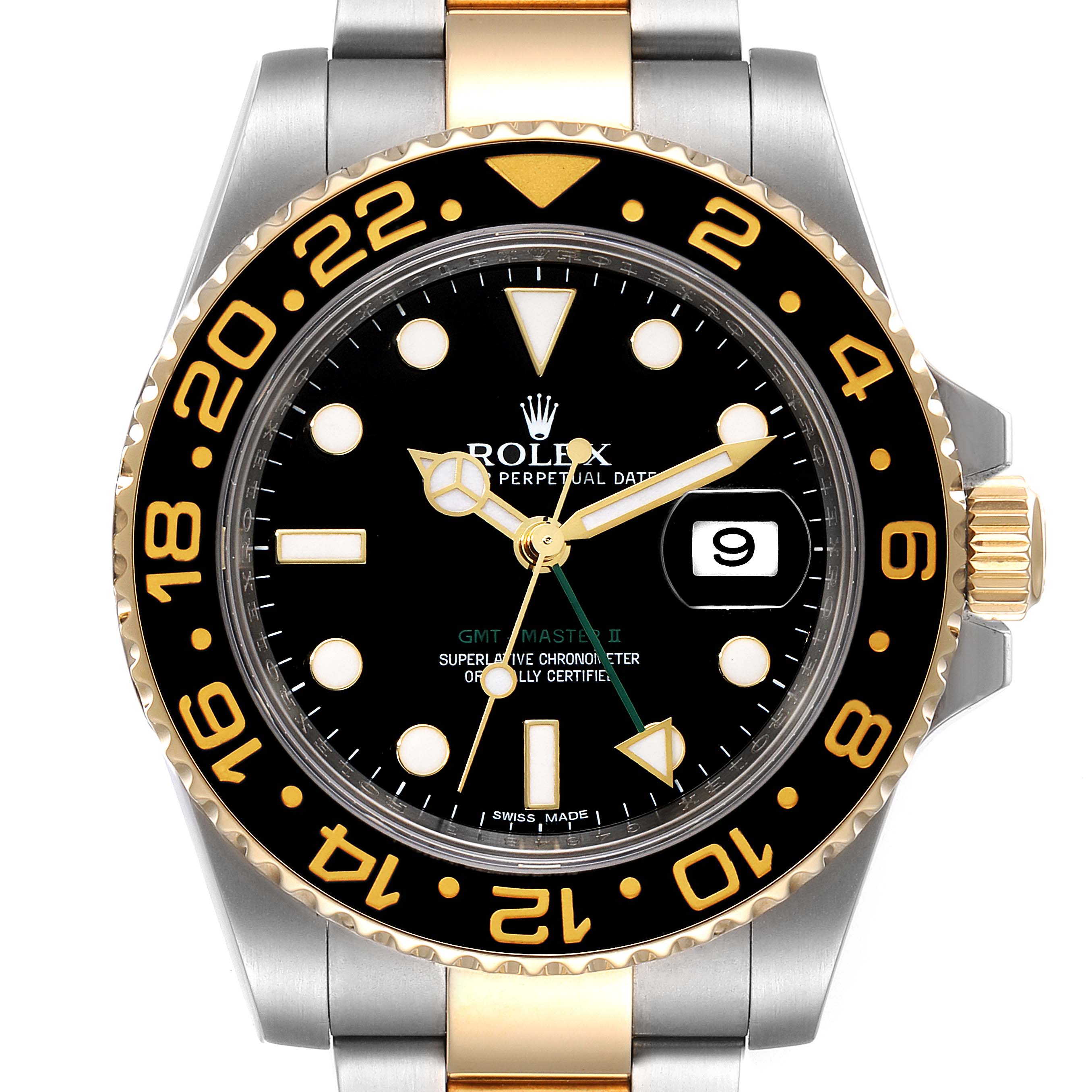 This image shows a front view of the Rolex GMT-Master 116713 Men's Steel and Gold (two tone) Black Dial 116713 Men's Steel and Gold (two tone) Black Dial II watch, highlighting its bezel, dial, hands, and date window.