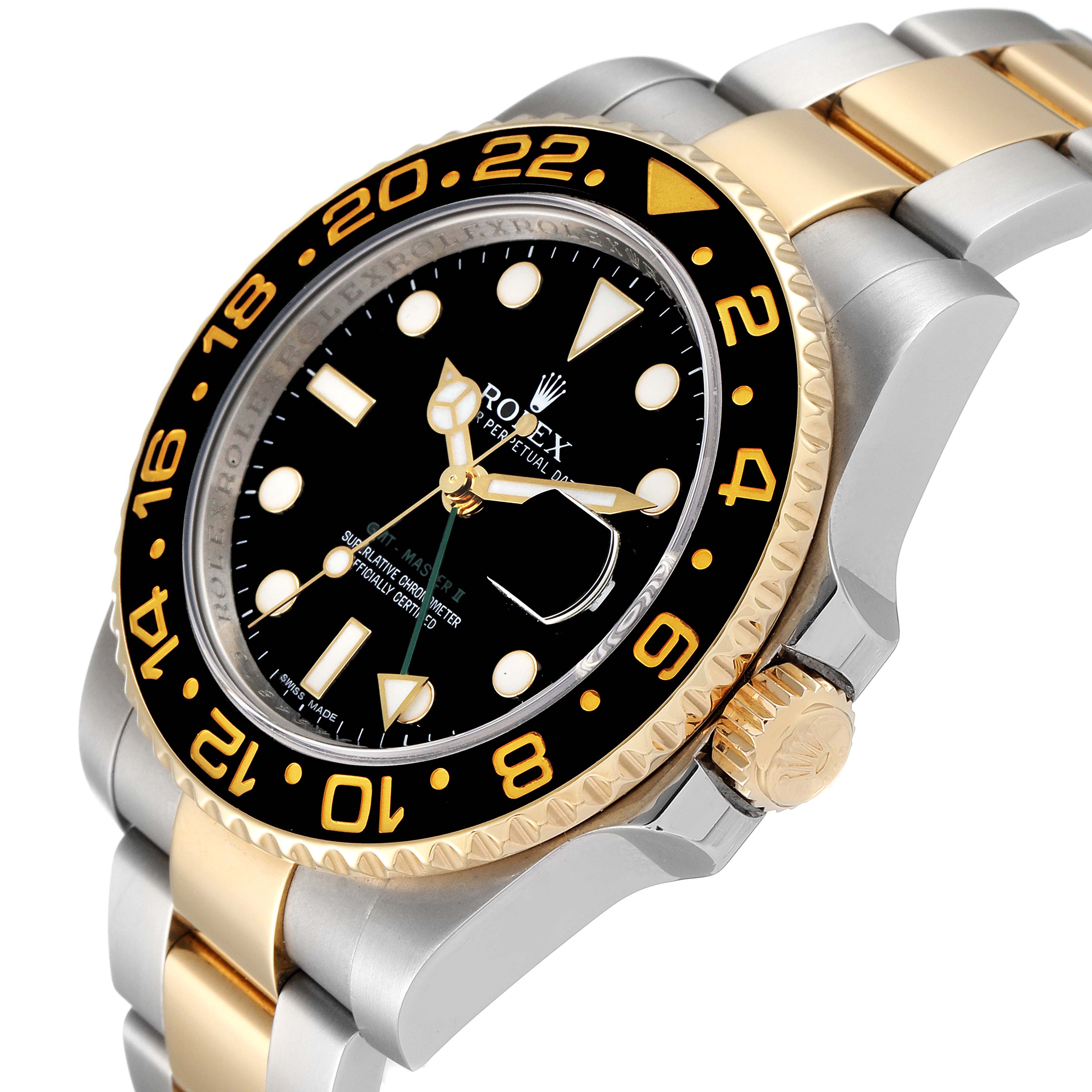 The Rolex GMT-Master 116713 Men's Steel and Gold (two tone) Black Dial 116713 Men's Steel and Gold (two tone) Black Dial watch is shown at a slight angle, displaying the face, bezel, crown, and part of the bracelet.