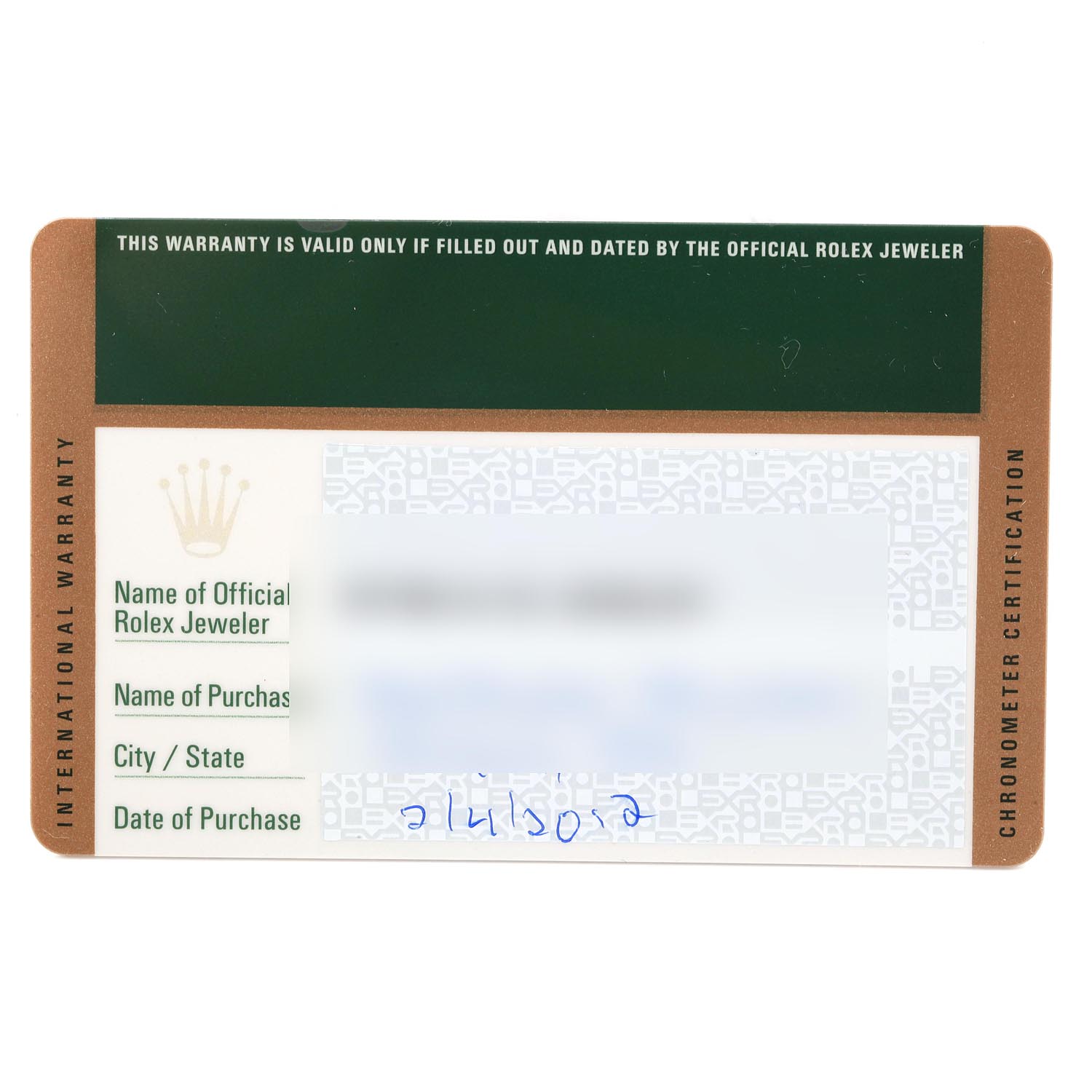 The image shows an International Warranty card for the Rolex GMT-Master 116713 Men's Steel and Gold (two tone) Black Dial 116713 Men's Steel and Gold (two tone) Black Dial watch, photographed from the front.